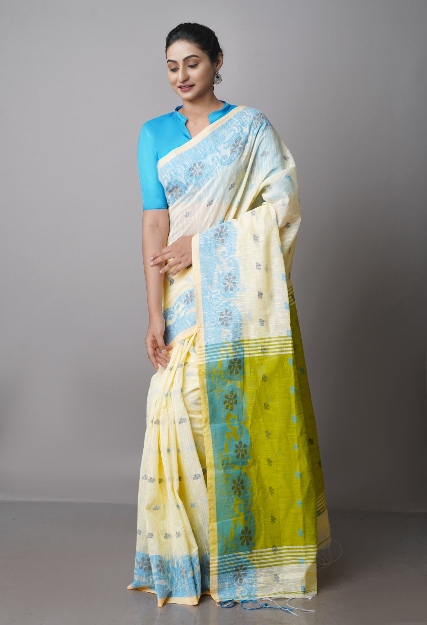 Ivory Pure Handloom Jamdhani Bengal Sico Saree-UNM69422