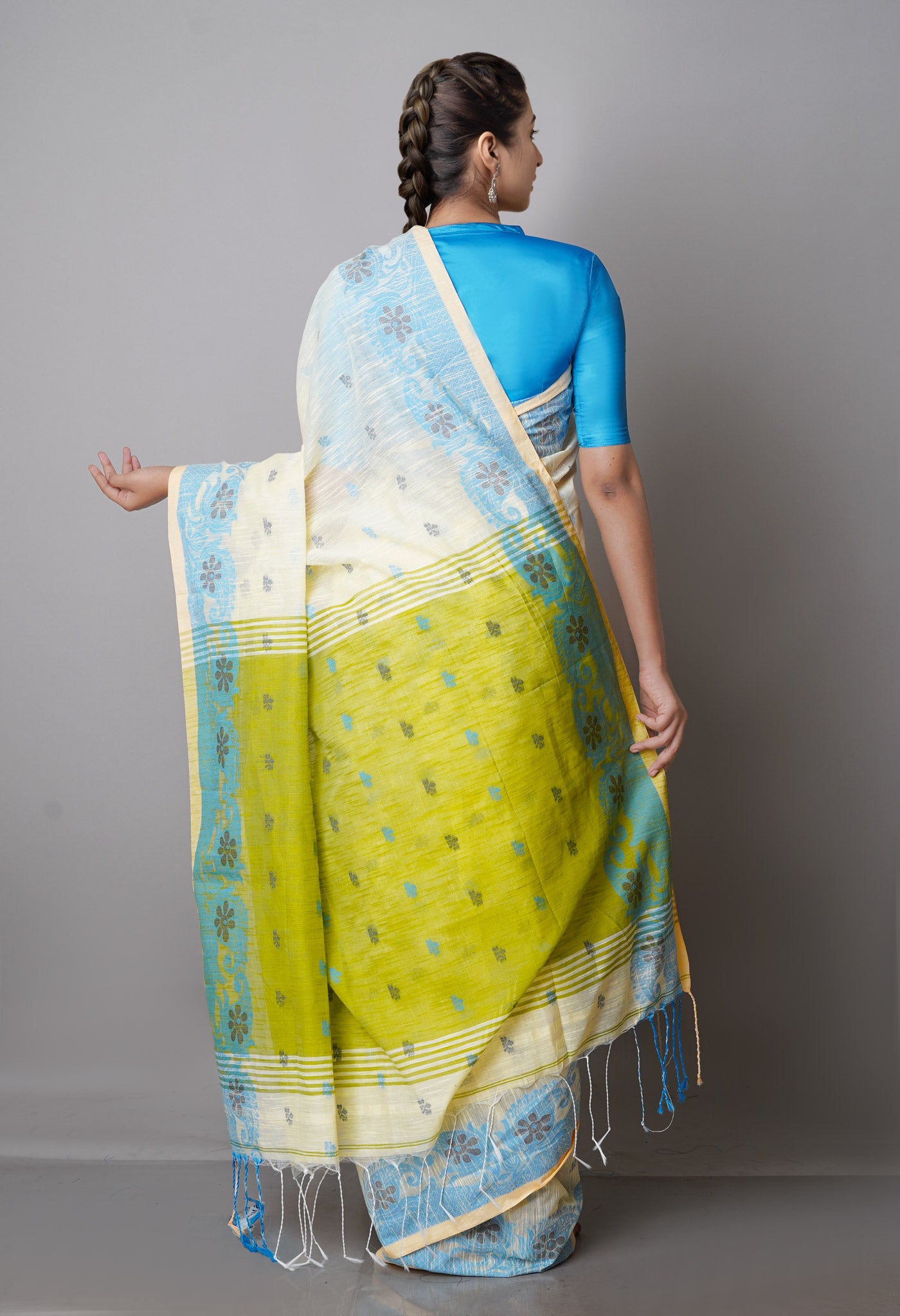 Ivory Pure Handloom Jamdhani Bengal Sico Saree-UNM69422