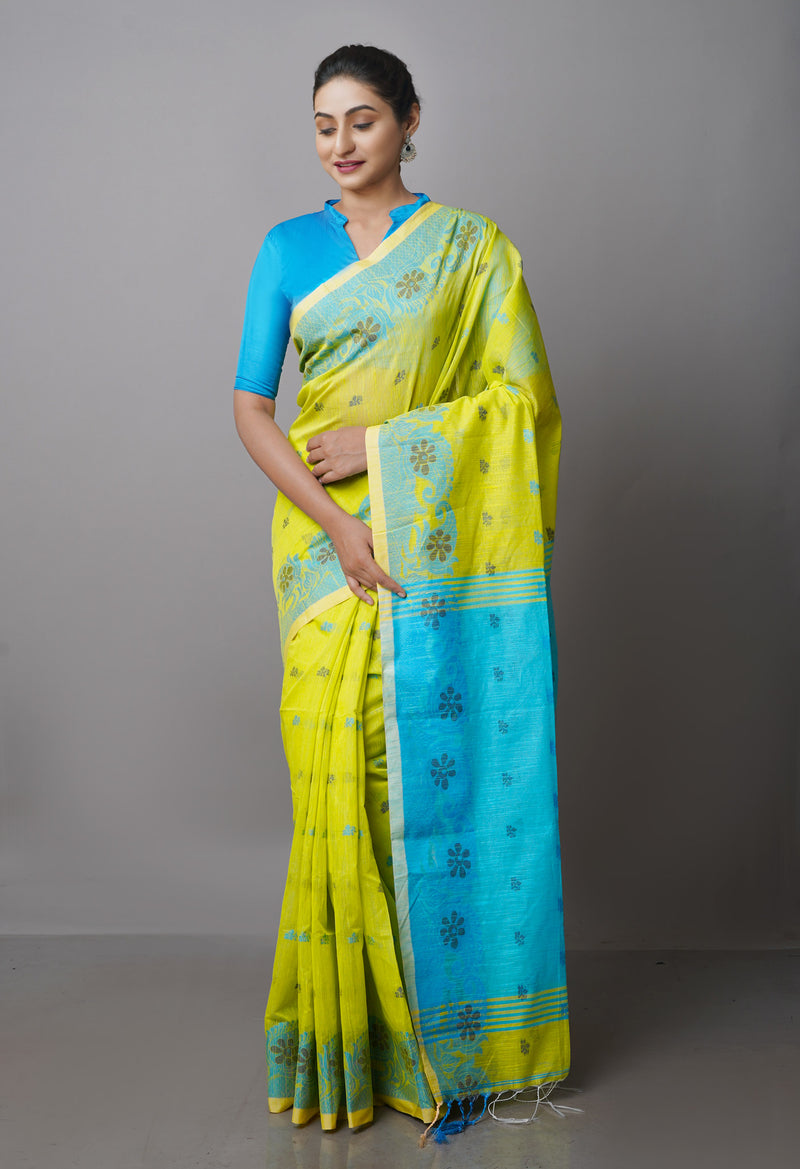 Pastel Green Pure Handloom Jamdhani Bengal Sico Saree-UNM69424
