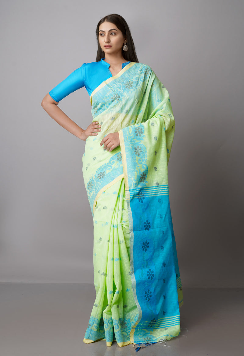 Pastel Green Pure Handloom Jamdhani Bengal Sico Saree-UNM69429