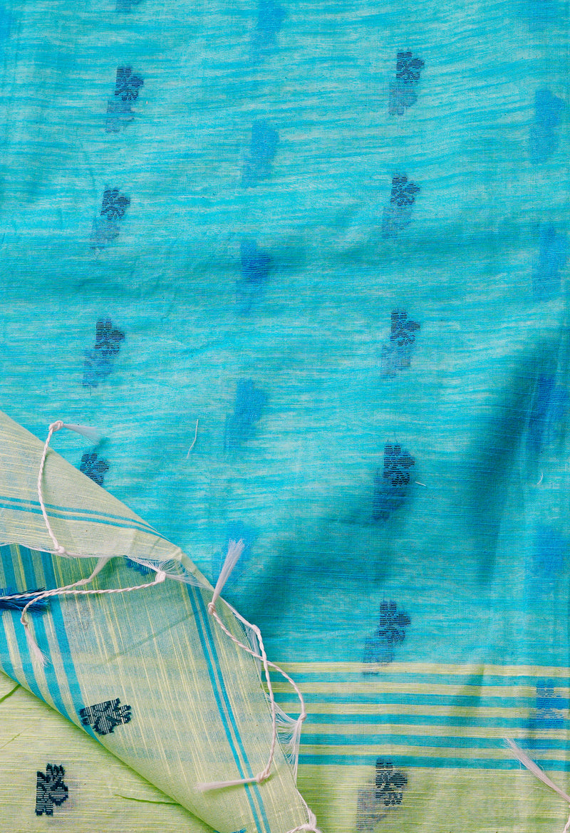 Pastel Green Pure Handloom Jamdhani Bengal Sico Saree-UNM69429