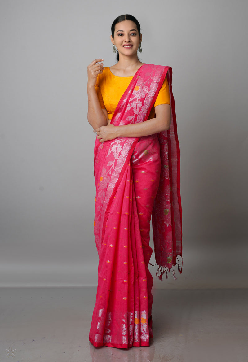 Raspberry Red Pure Handloom Jamdhani Bengal Sico Saree-UNM69439
