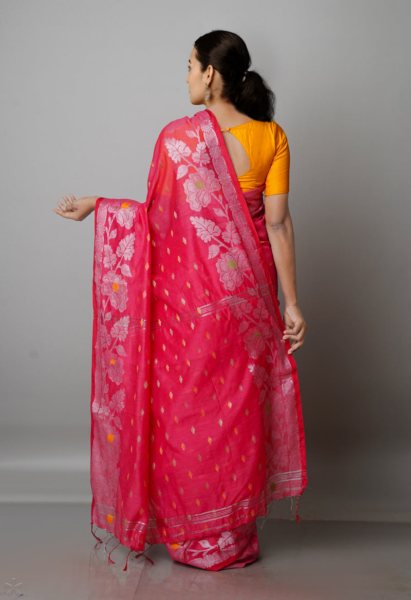Raspberry Red Pure Handloom Jamdhani Bengal Sico Saree-UNM69439