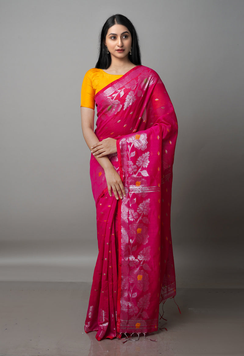 Magenta Pink Pure Handloom Jamdhani Bengal Sico Saree-UNM69441