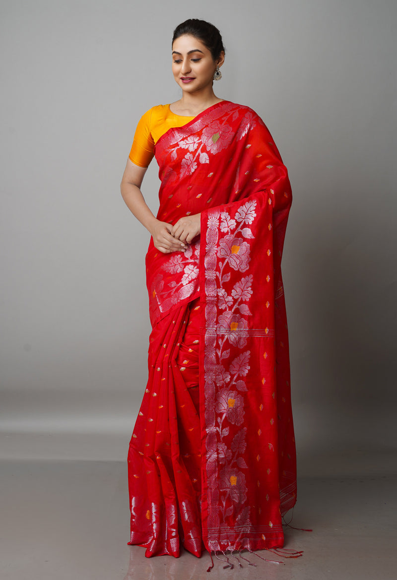 Candy Red Pure Handloom Jamdhani Bengal Sico Saree-UNM69442