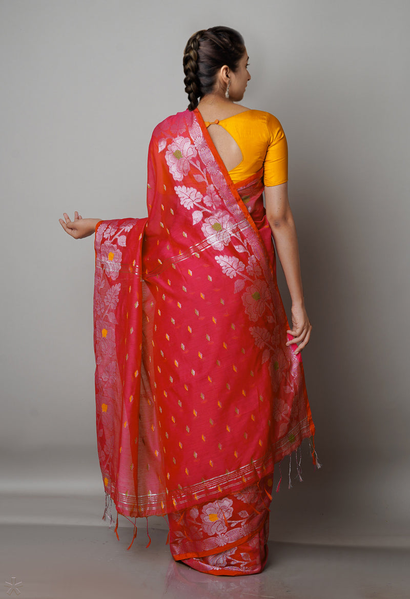Candy Red Pure Handloom Jamdhani Bengal Sico Saree-UNM69442