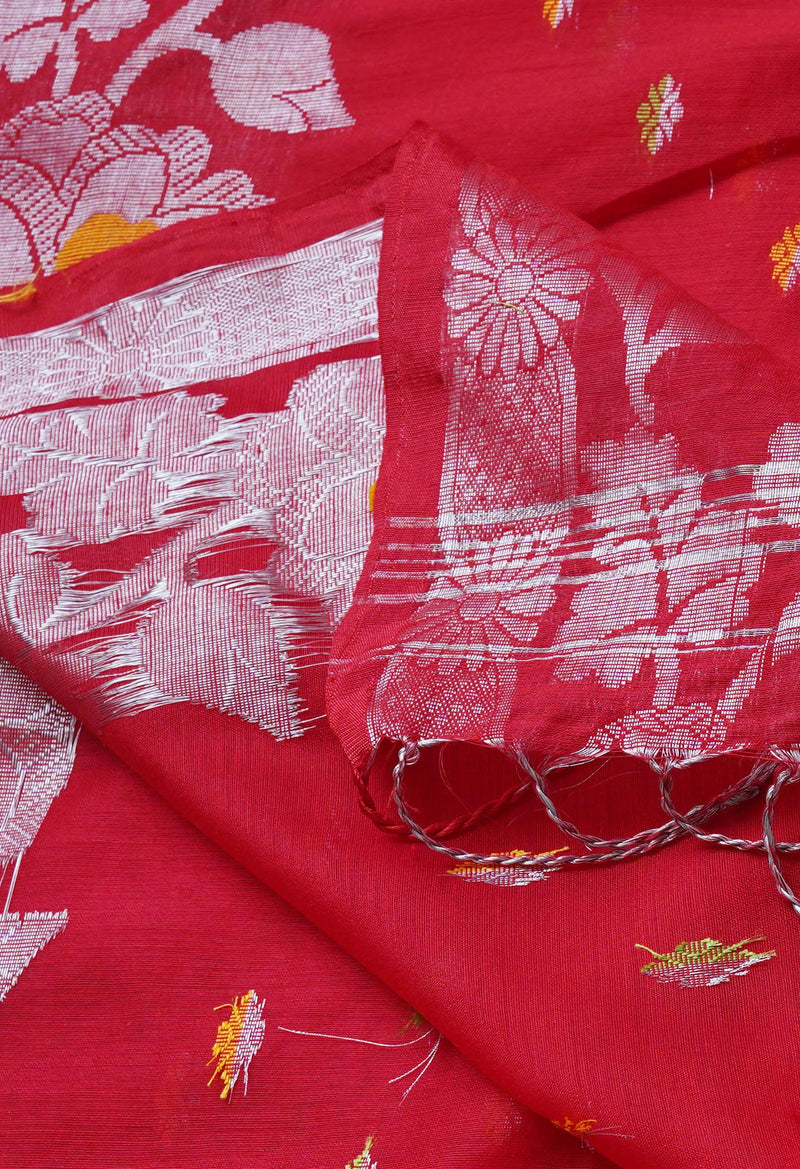 Candy Red Pure Handloom Jamdhani Bengal Sico Saree-UNM69442