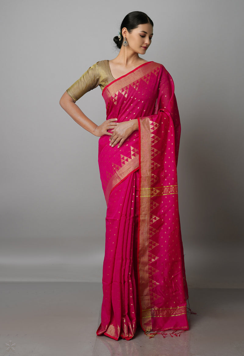 Dark Cornflower Pink Pure Handloom Jamdhani Bengal Sico Saree-UNM69445