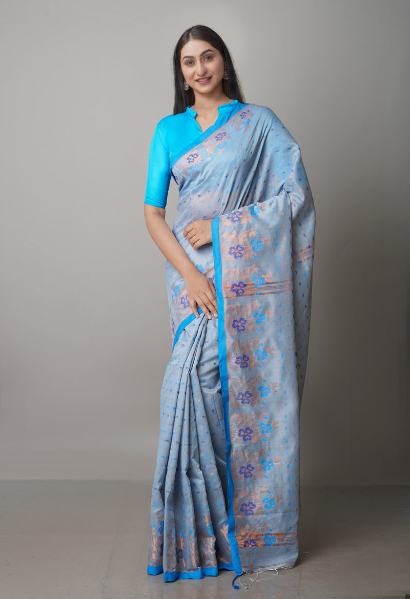 Bluish Grey Pure Handloom Jamdhani Bengal Sico Saree-UNM69450