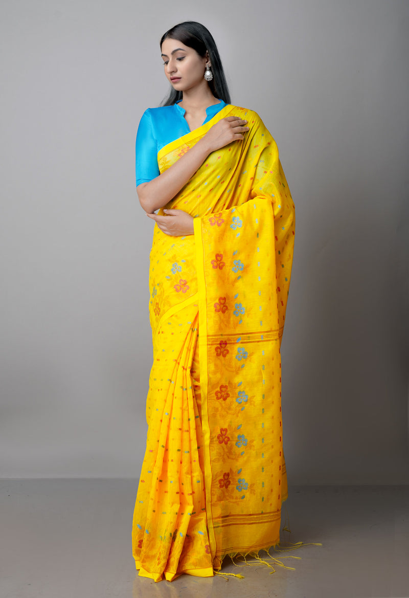 Yellow Pure Handloom Jamdhani Bengal Sico Saree-UNM69453