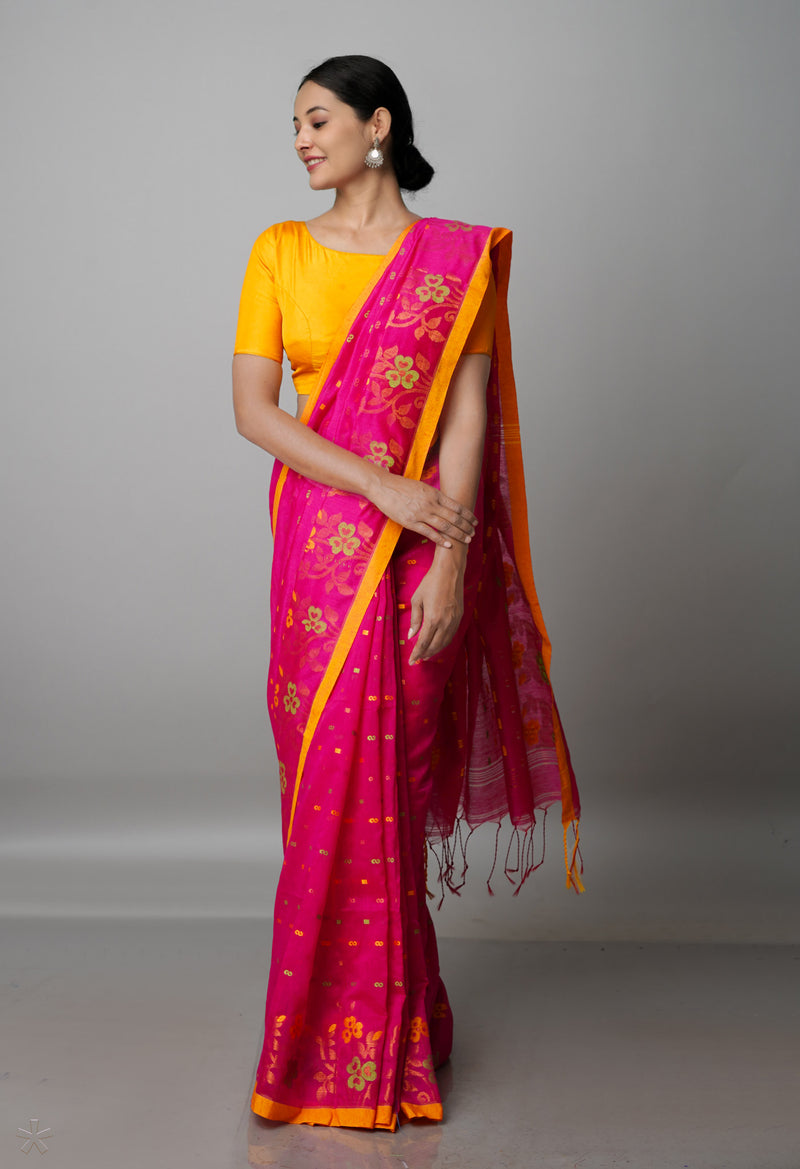Magenta Pink Pure Handloom Jamdhani Bengal Sico Saree-UNM69455
