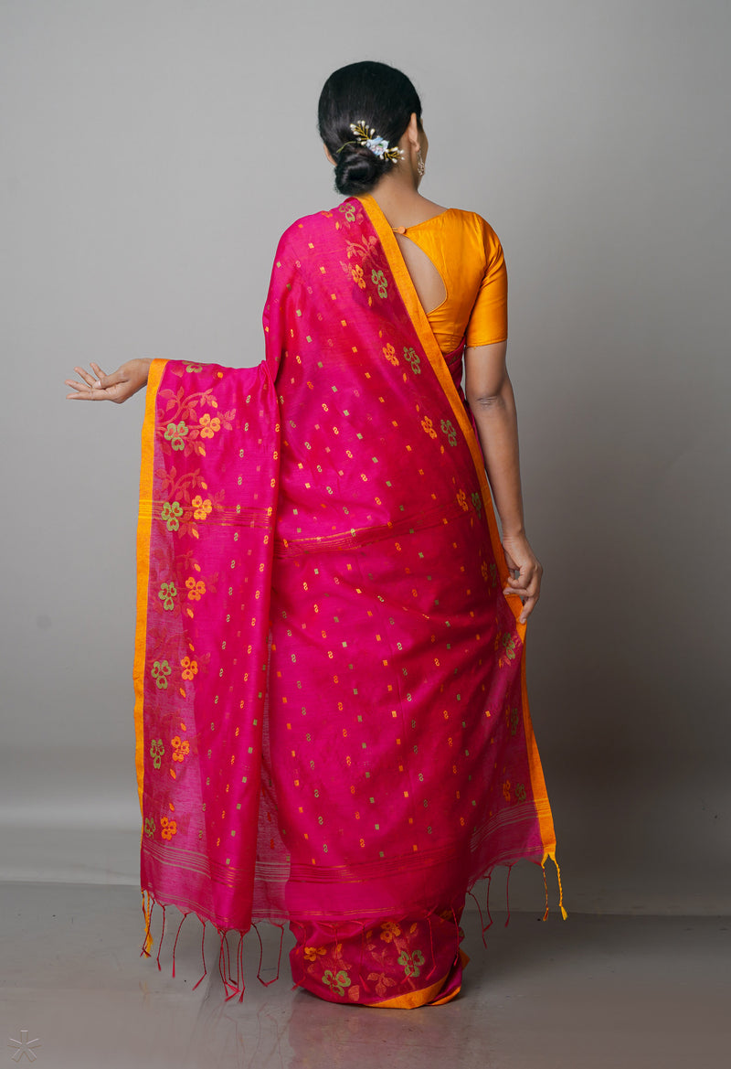 Magenta Pink Pure Handloom Jamdhani Bengal Sico Saree-UNM69455