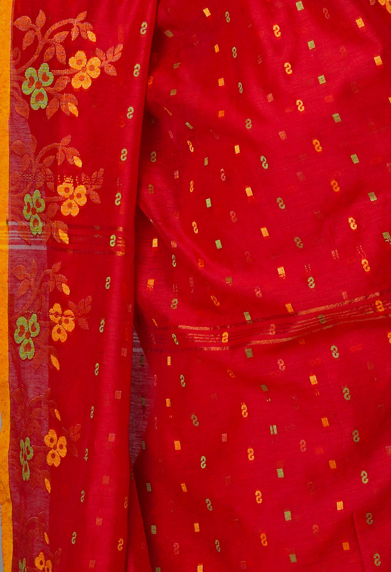 Candy Red Pure Handloom Jamdhani Bengal Sico Saree-UNM69456