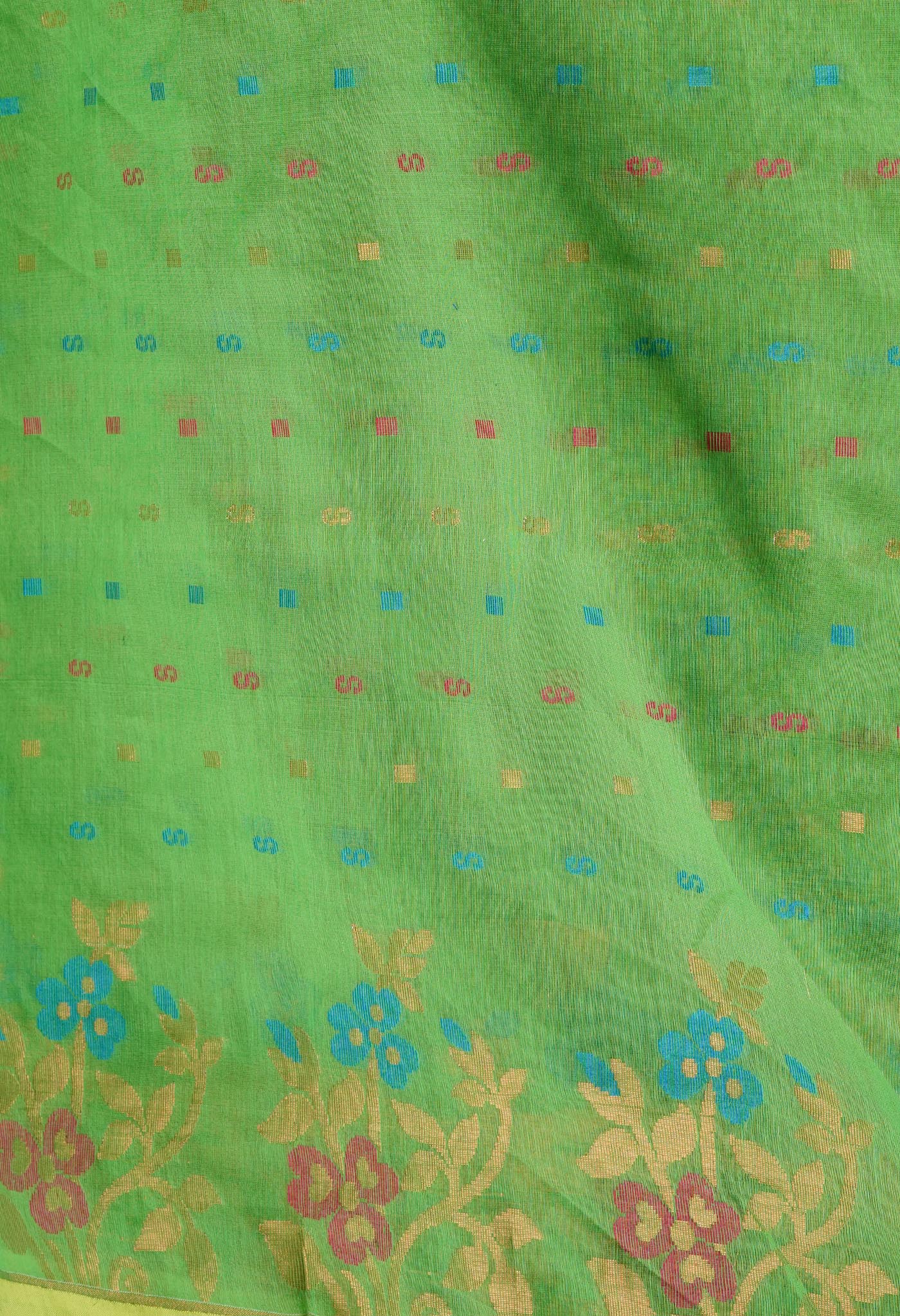 Parrot Green Pure Handloom Jamdhani Bengal Sico Saree-UNM69462