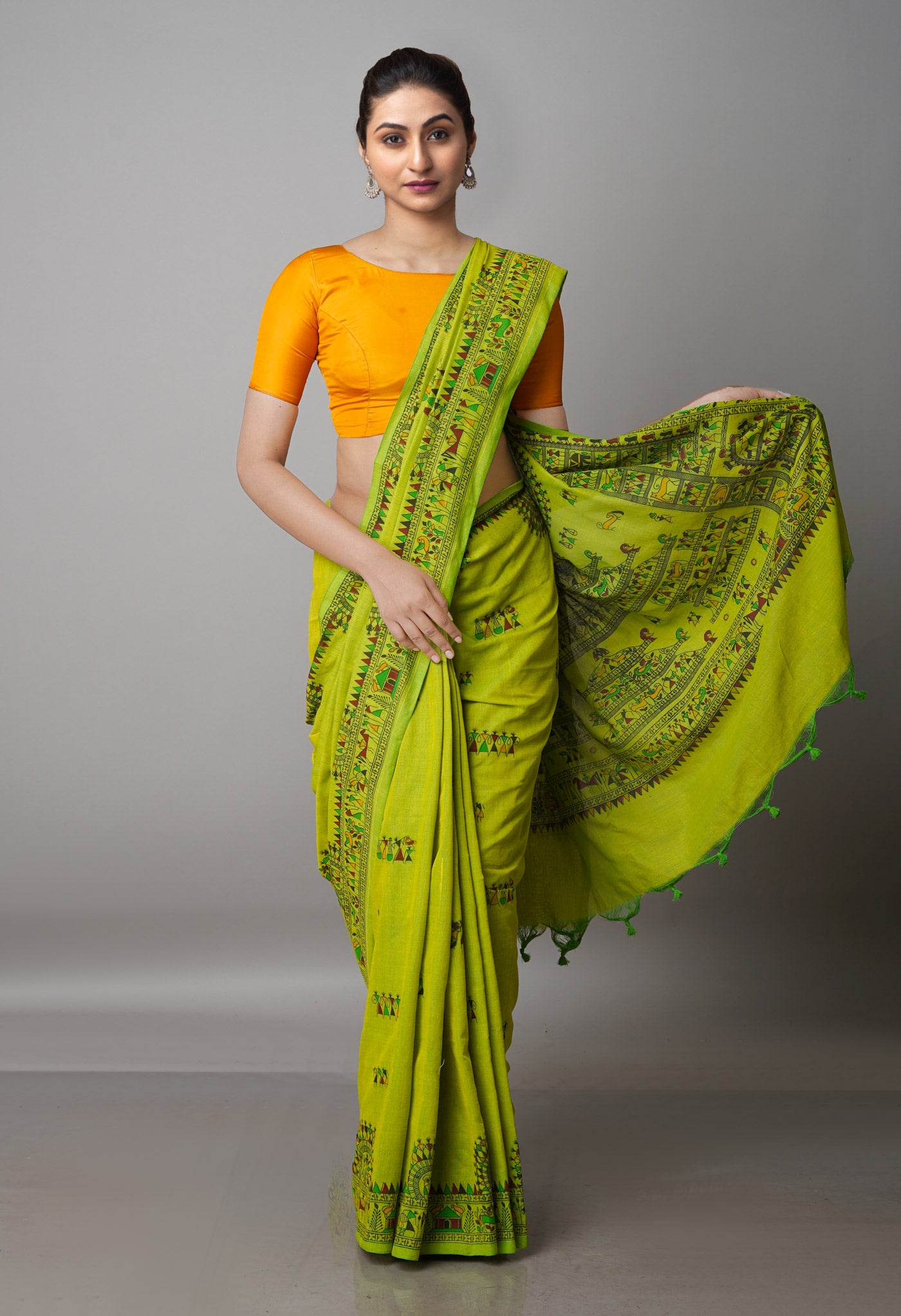 Parrot Green Pure Handloom Jamdhani Bengal Cotton Saree-UNM69464