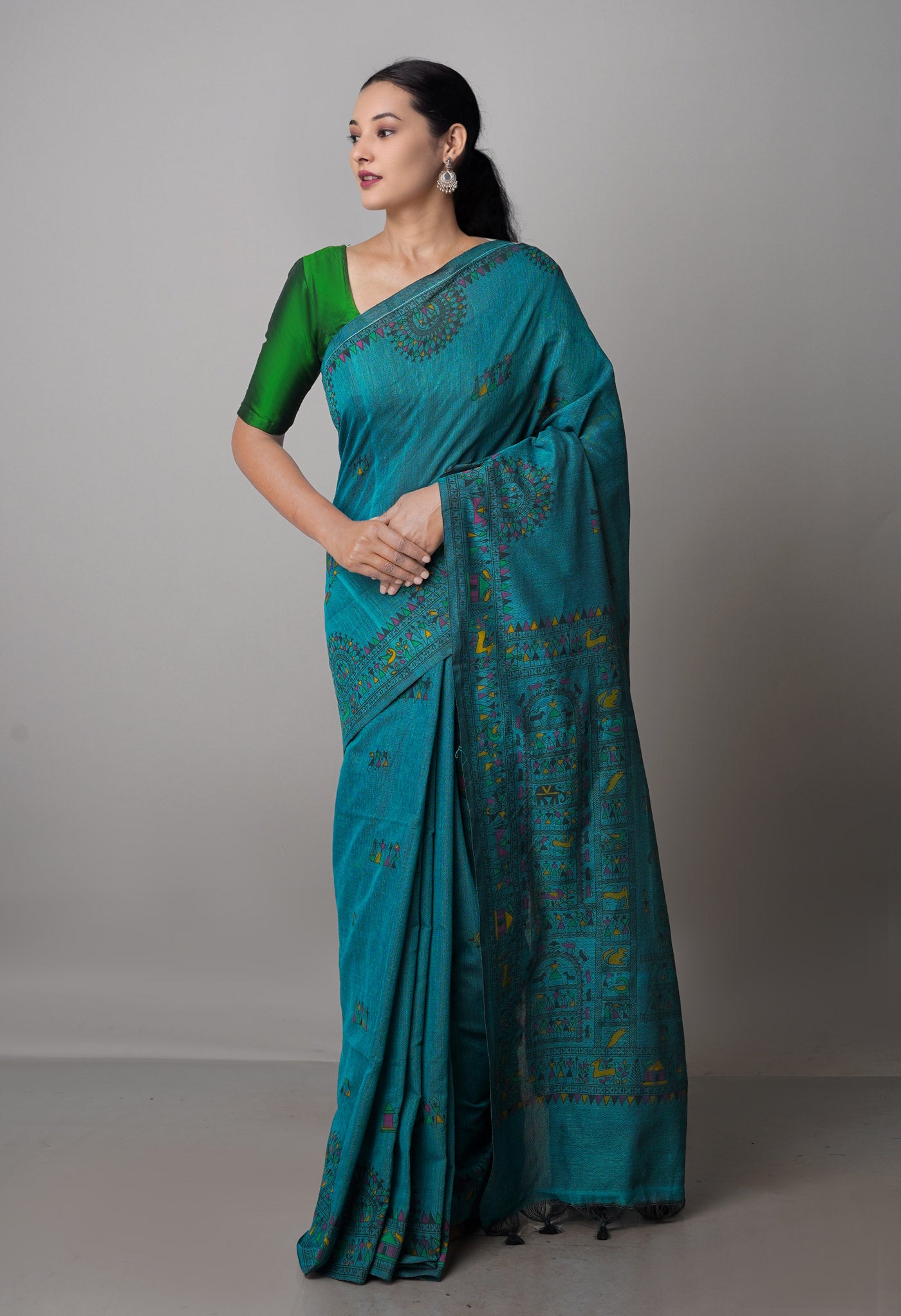 Peacock Green Pure Handloom Jamdhani Bengal Cotton Saree-UNM69474
