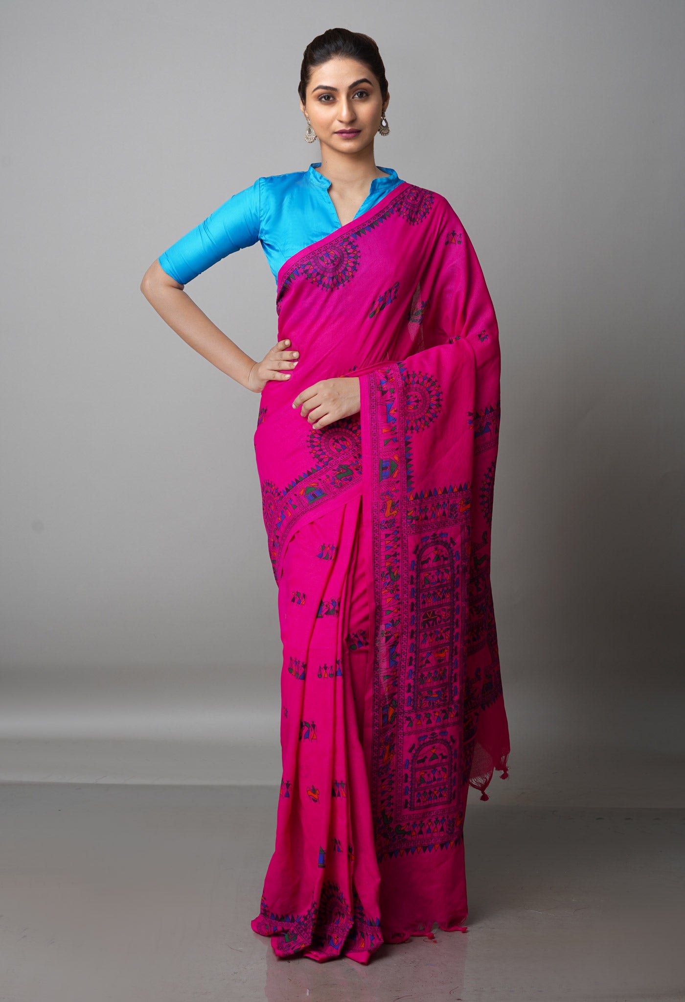 Magenta Pink Pure Handloom Jamdhani Bengal Cotton Saree-UNM69475