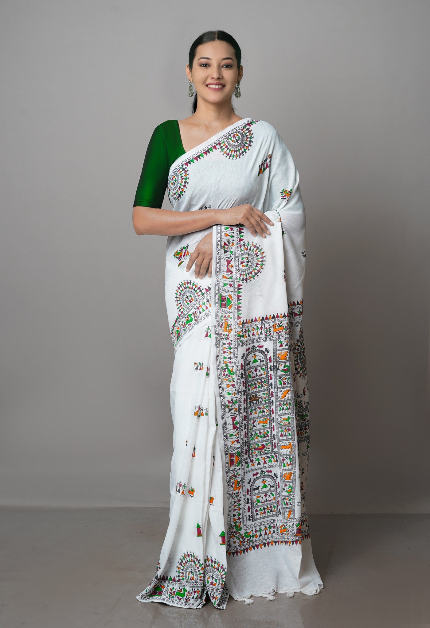 White Pure Handloom Jamdhani Bengal Cotton Saree-UNM69476