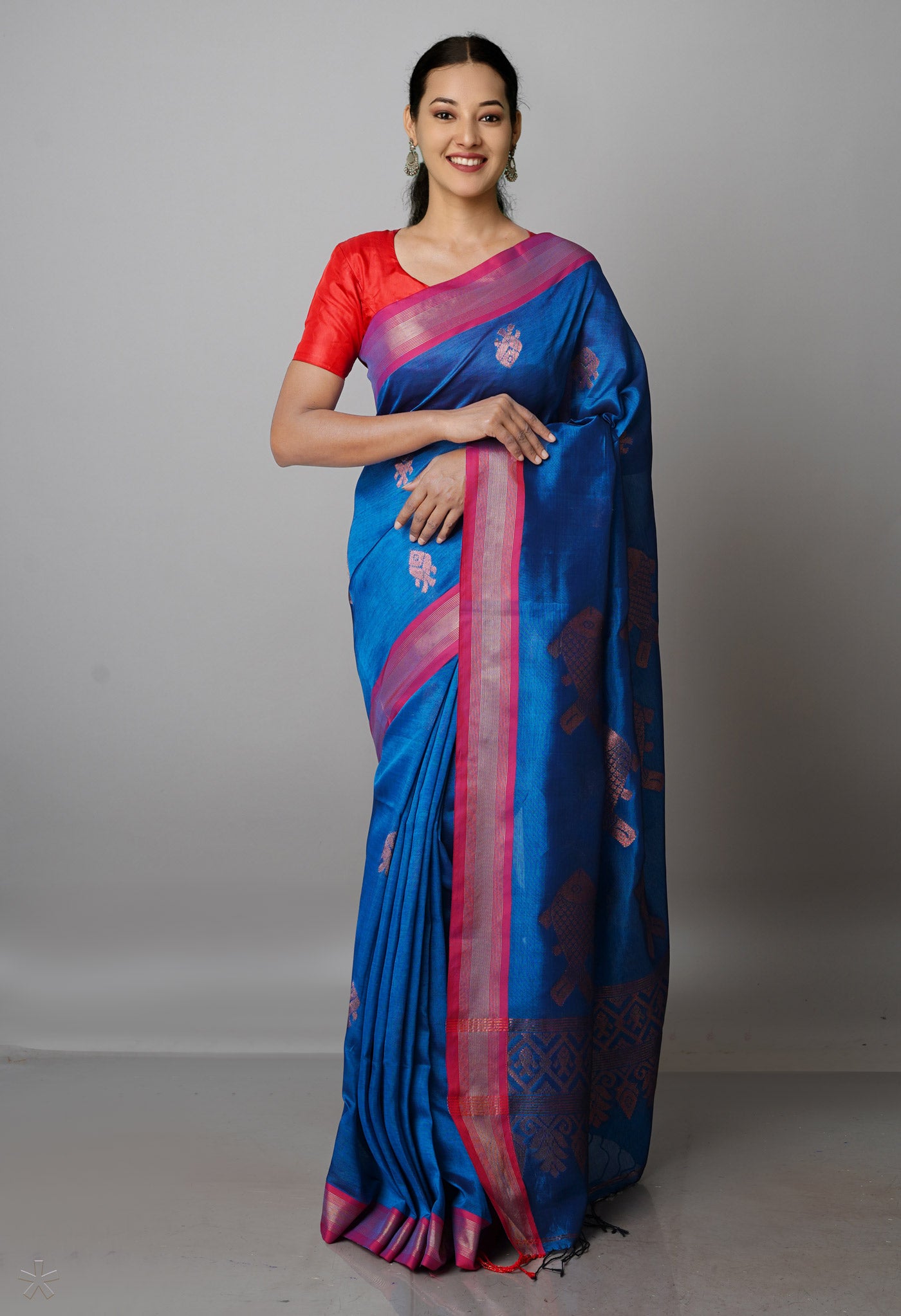 Peacock Blue Pure Handloom Jamdhani Bengal Silk Saree-UNM69477