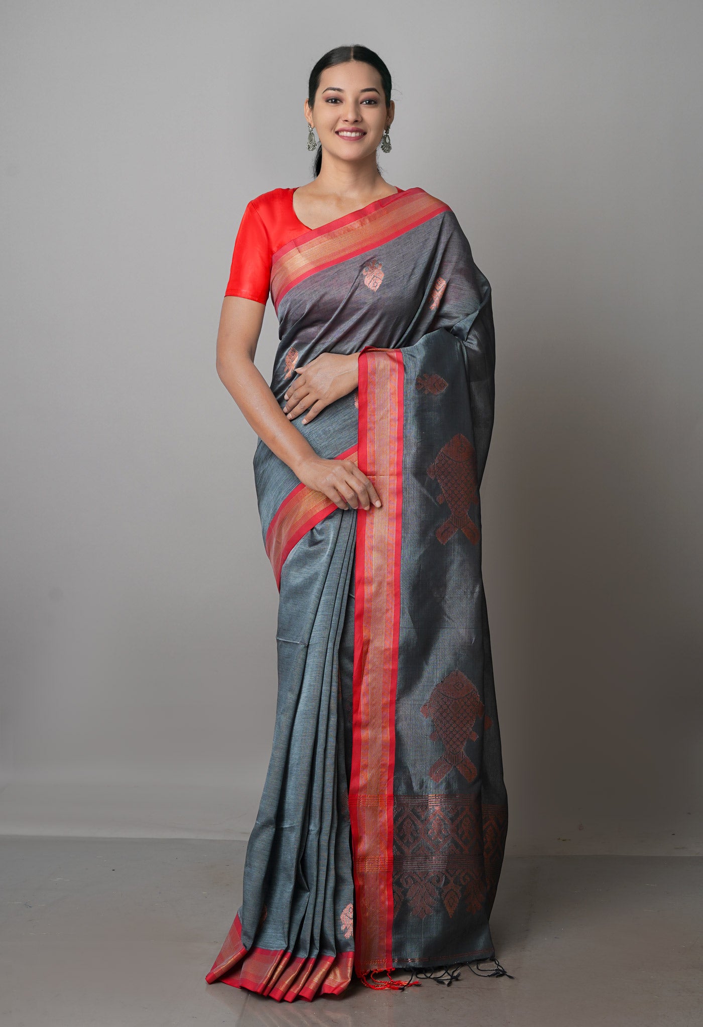 Grey Pure Handloom Jamdhani Bengal Silk Saree-UNM69478