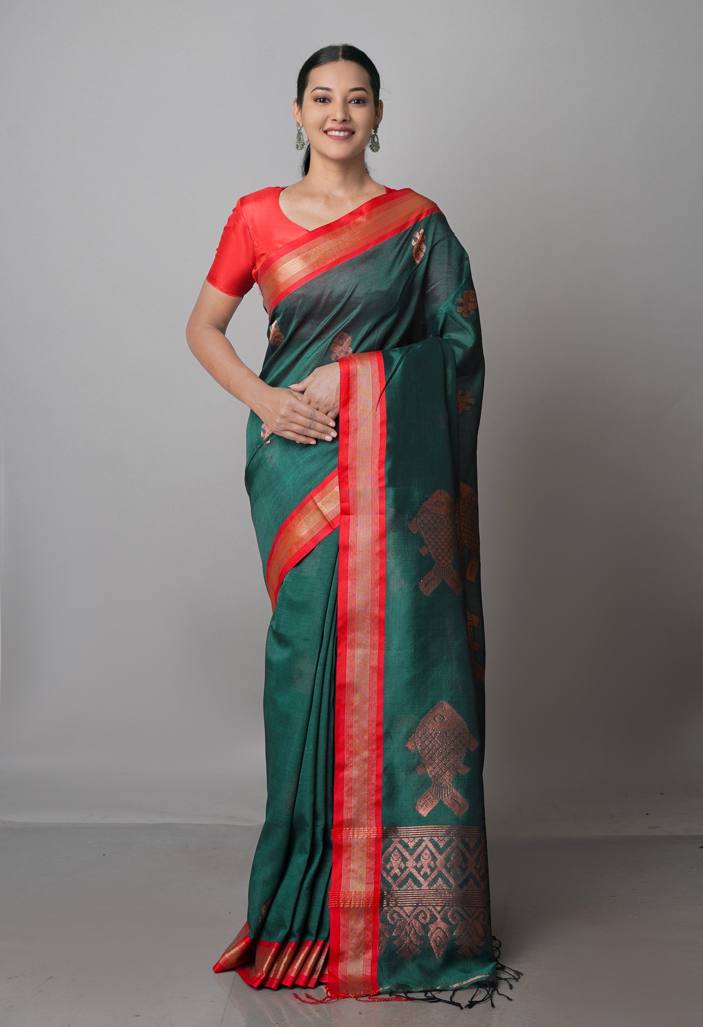 Dark Green Pure Handloom Jamdhani Bengal Silk Saree-UNM69479