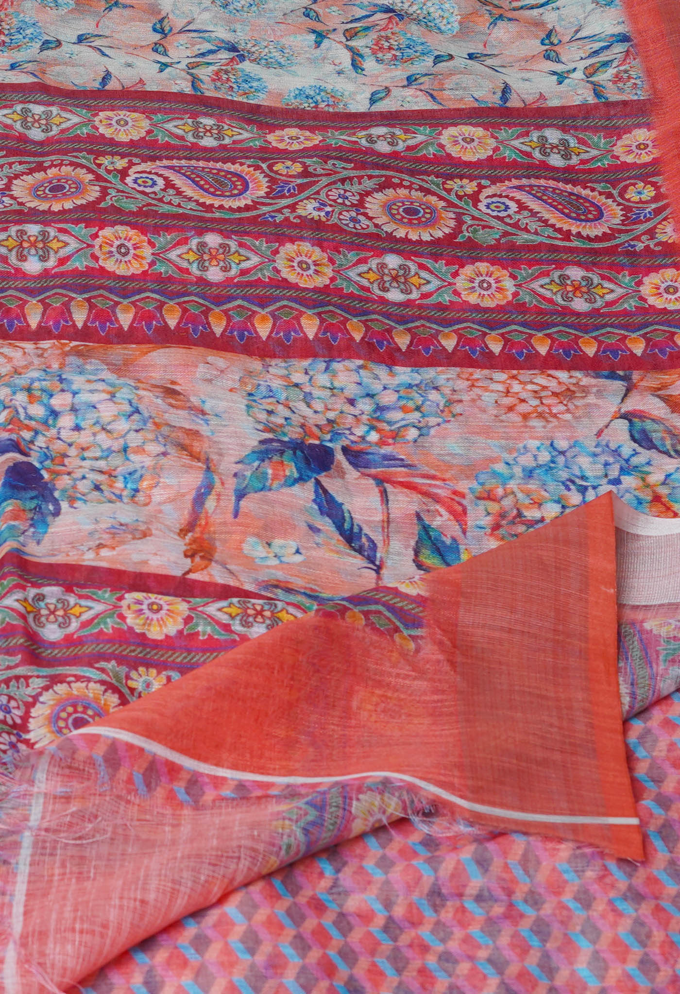 Beige Digital Printed Linen Saree