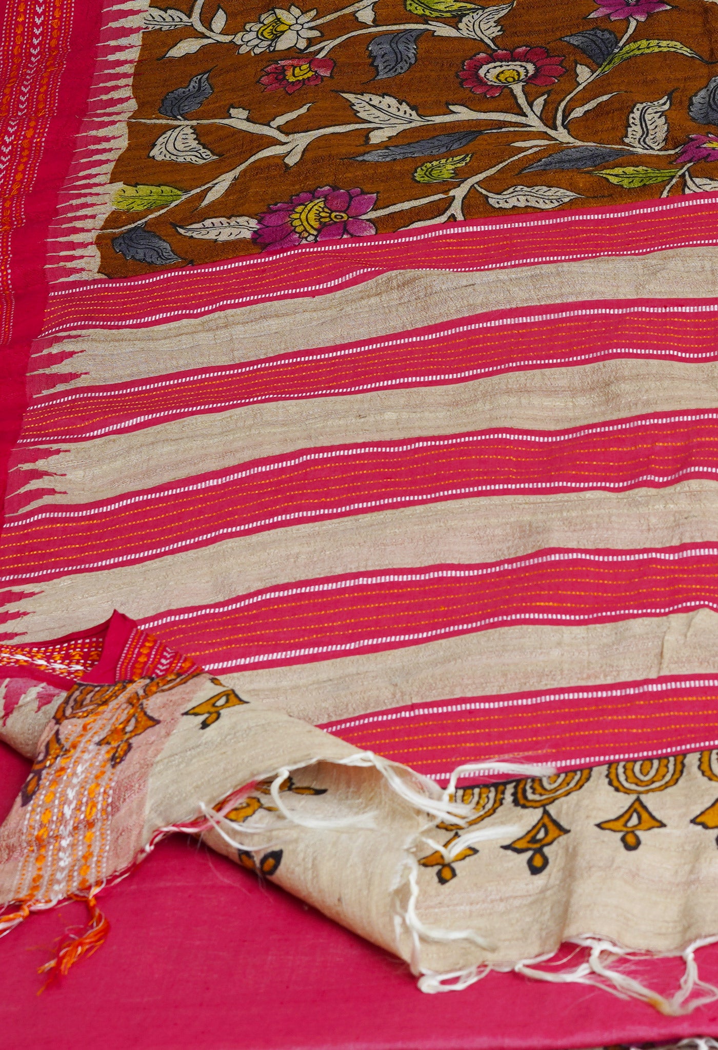Brown-Multi Pure Handloom Bengal Tussar Kalamkari Printed Jute Saree-UNM69510