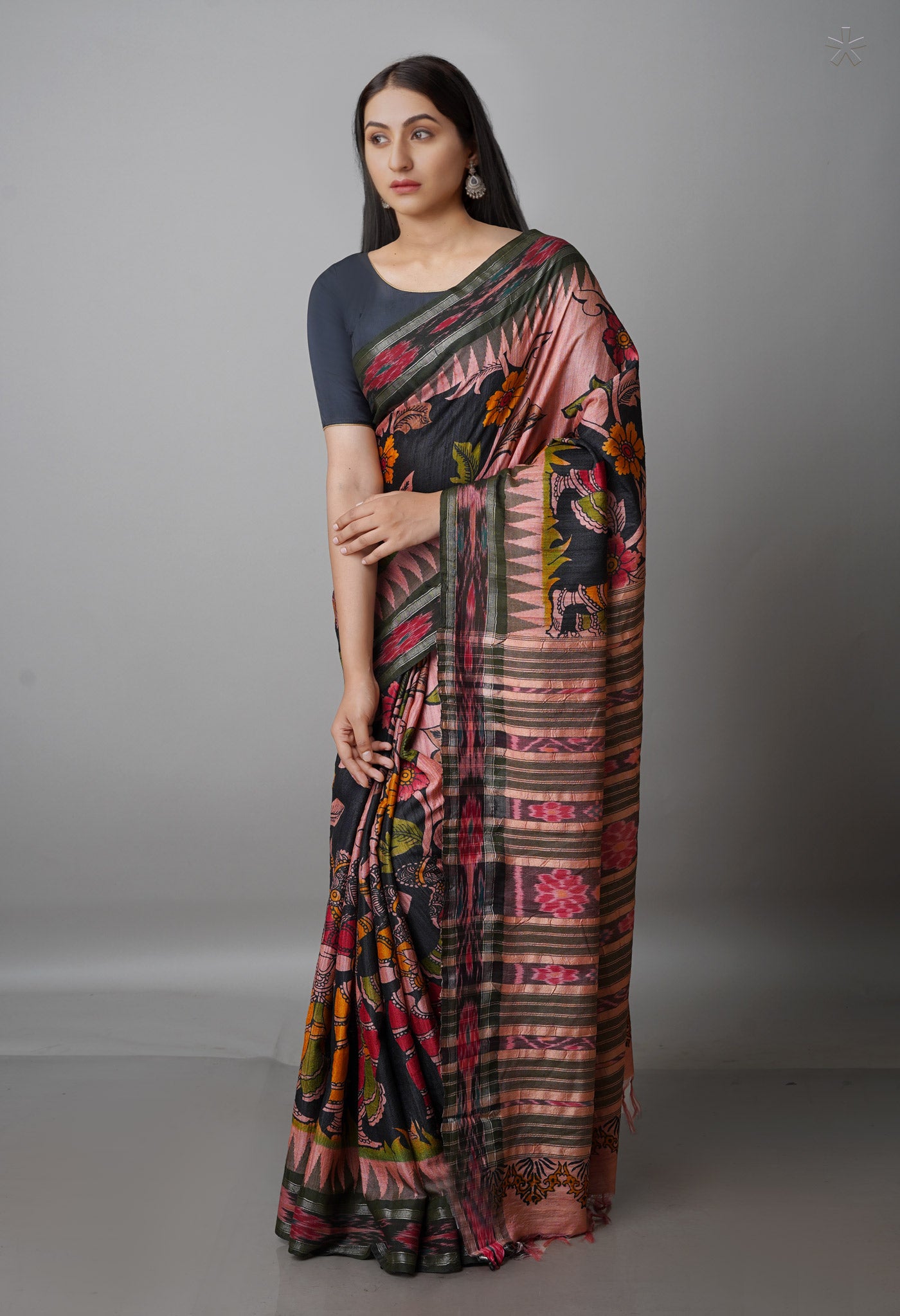 Peach Pink-Multi Pure Handloom Bengal Tussar Kalamkari Printed Jute Saree-UNM69512