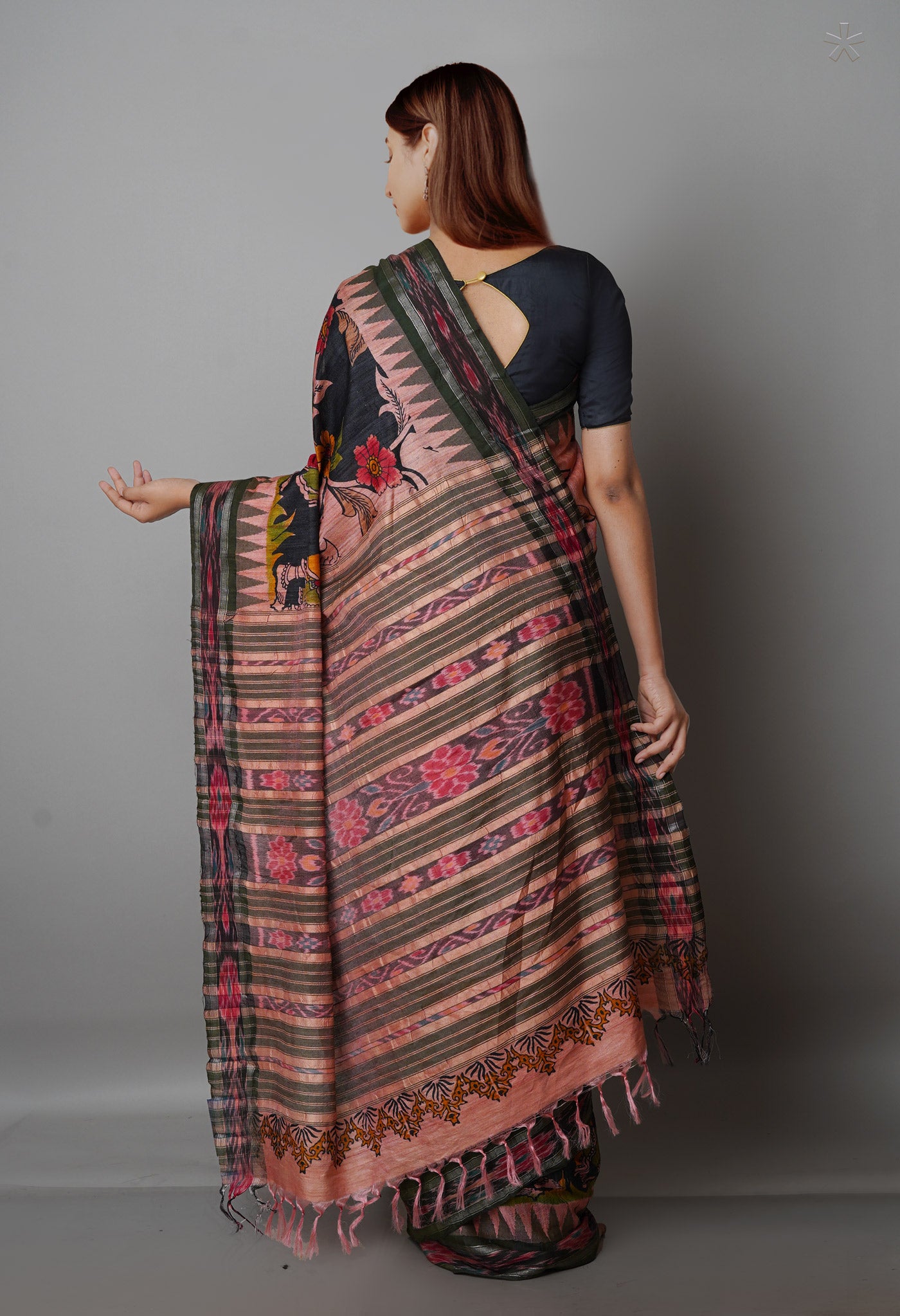 Peach Pink-Multi Pure Handloom Bengal Tussar Kalamkari Printed Jute Saree-UNM69512