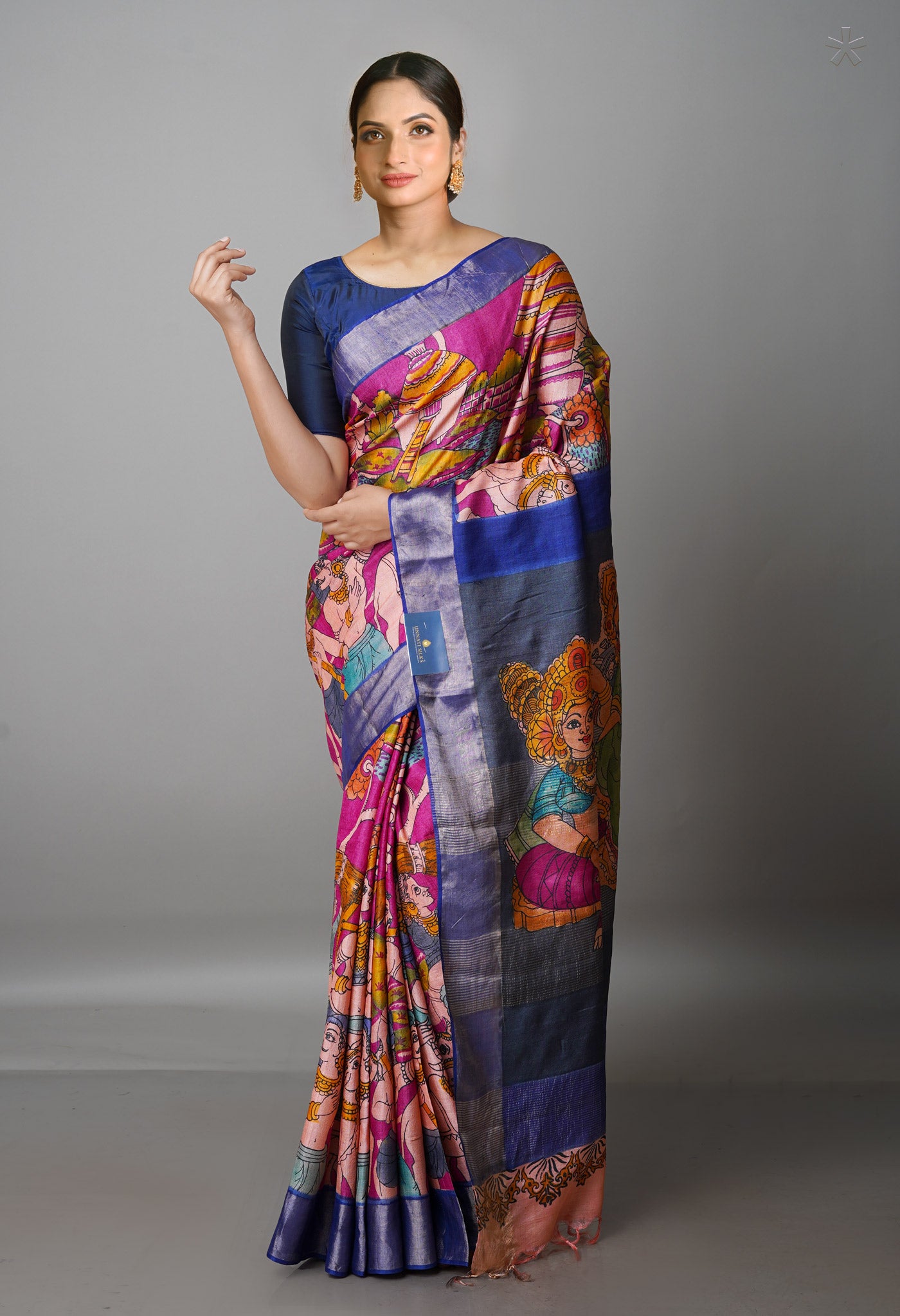 Dark Cornflower Pink Pure Handloom Bengal Tussar Kalamkari Printed Silk Saree-UNM69515