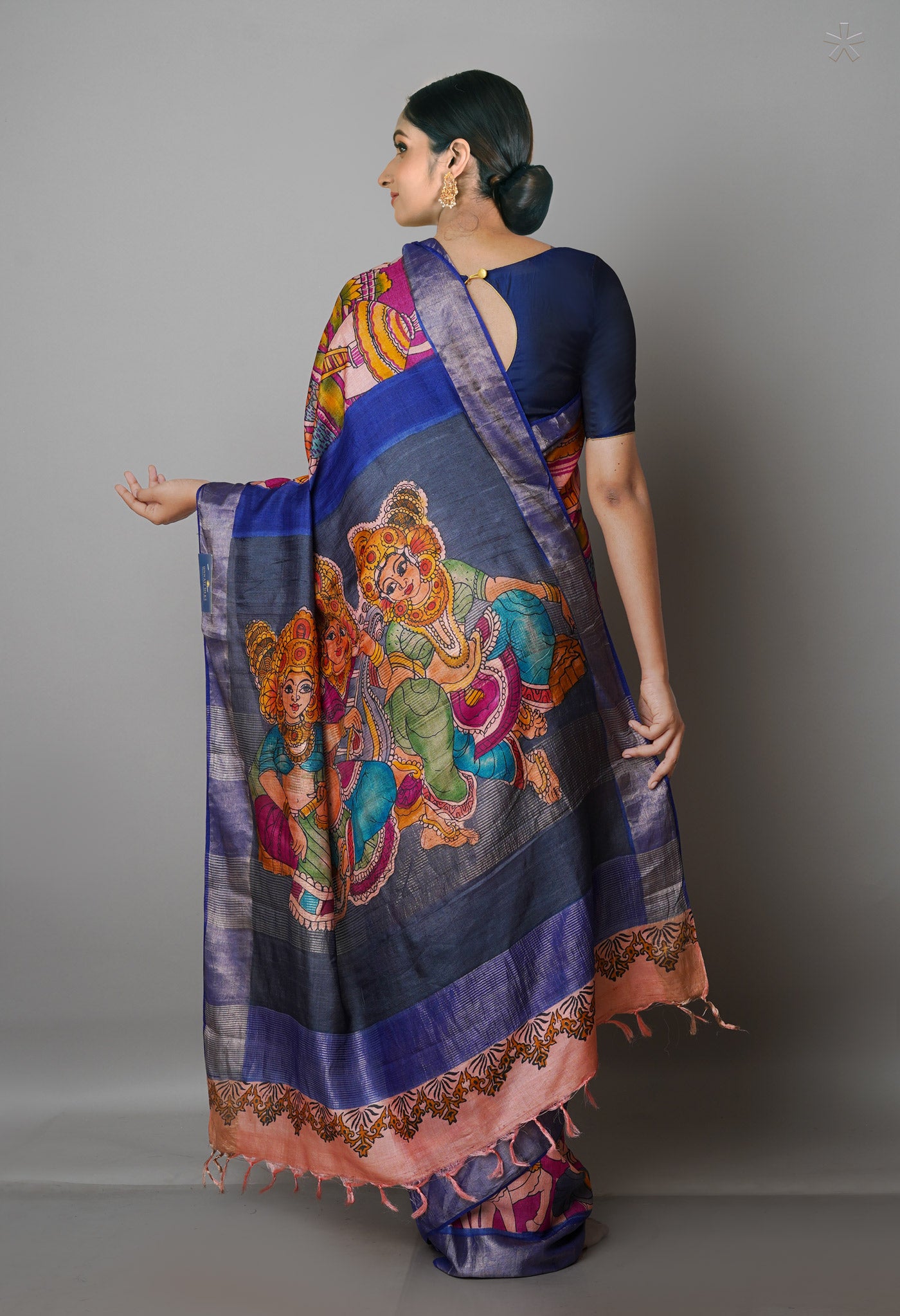 Dark Cornflower Pink Pure Handloom Bengal Tussar Kalamkari Printed Silk Saree-UNM69515
