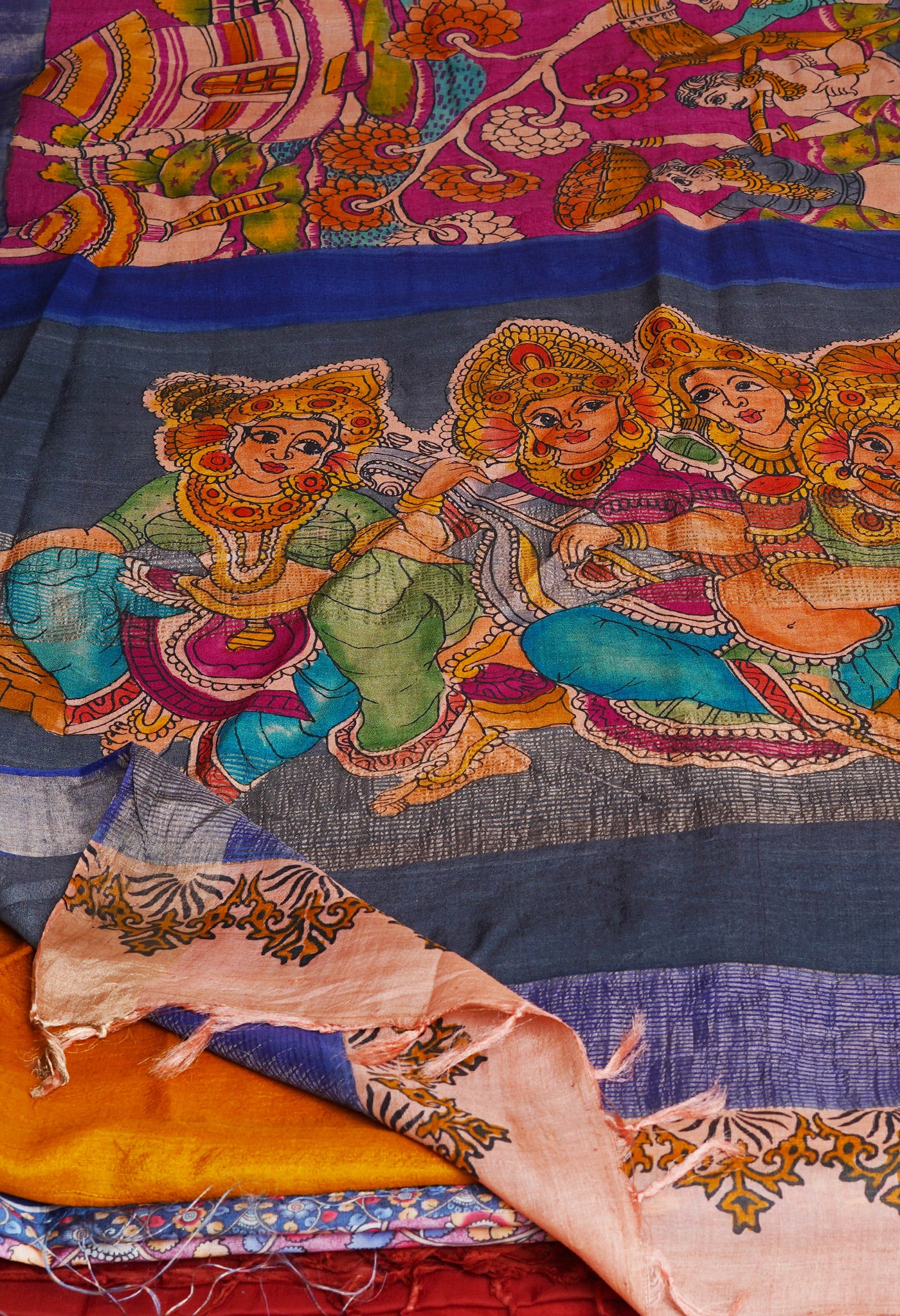 Dark Cornflower Pink Pure Handloom Bengal Tussar Kalamkari Printed Silk Saree-UNM69515