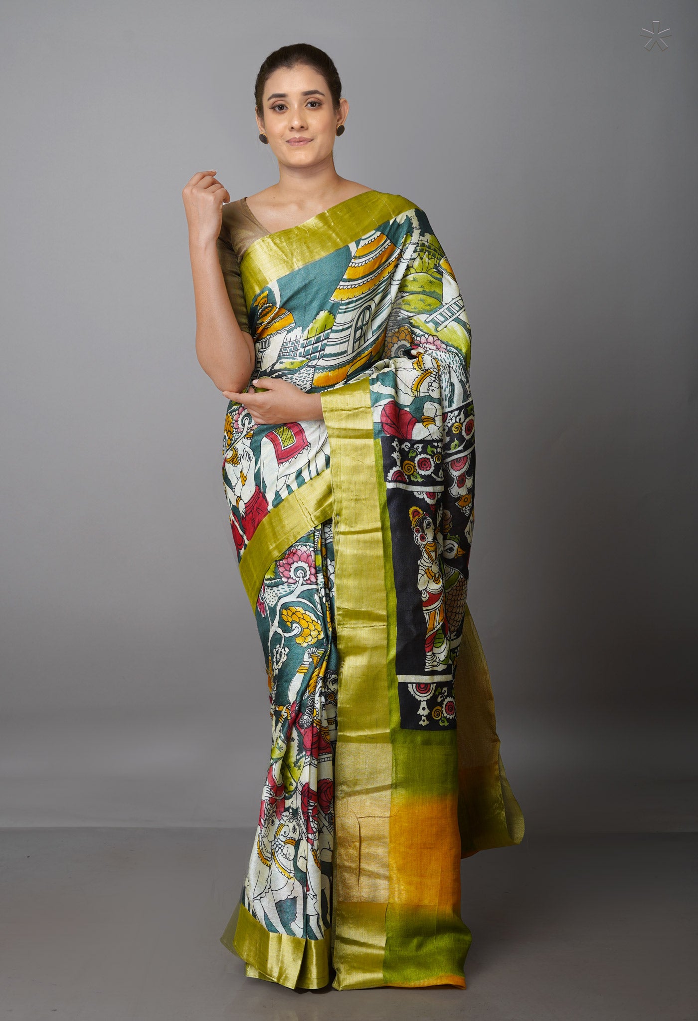 Grey-Black Pure Handloom Bengal Tussar Kalamkari Printed Silk Saree-UNM69518