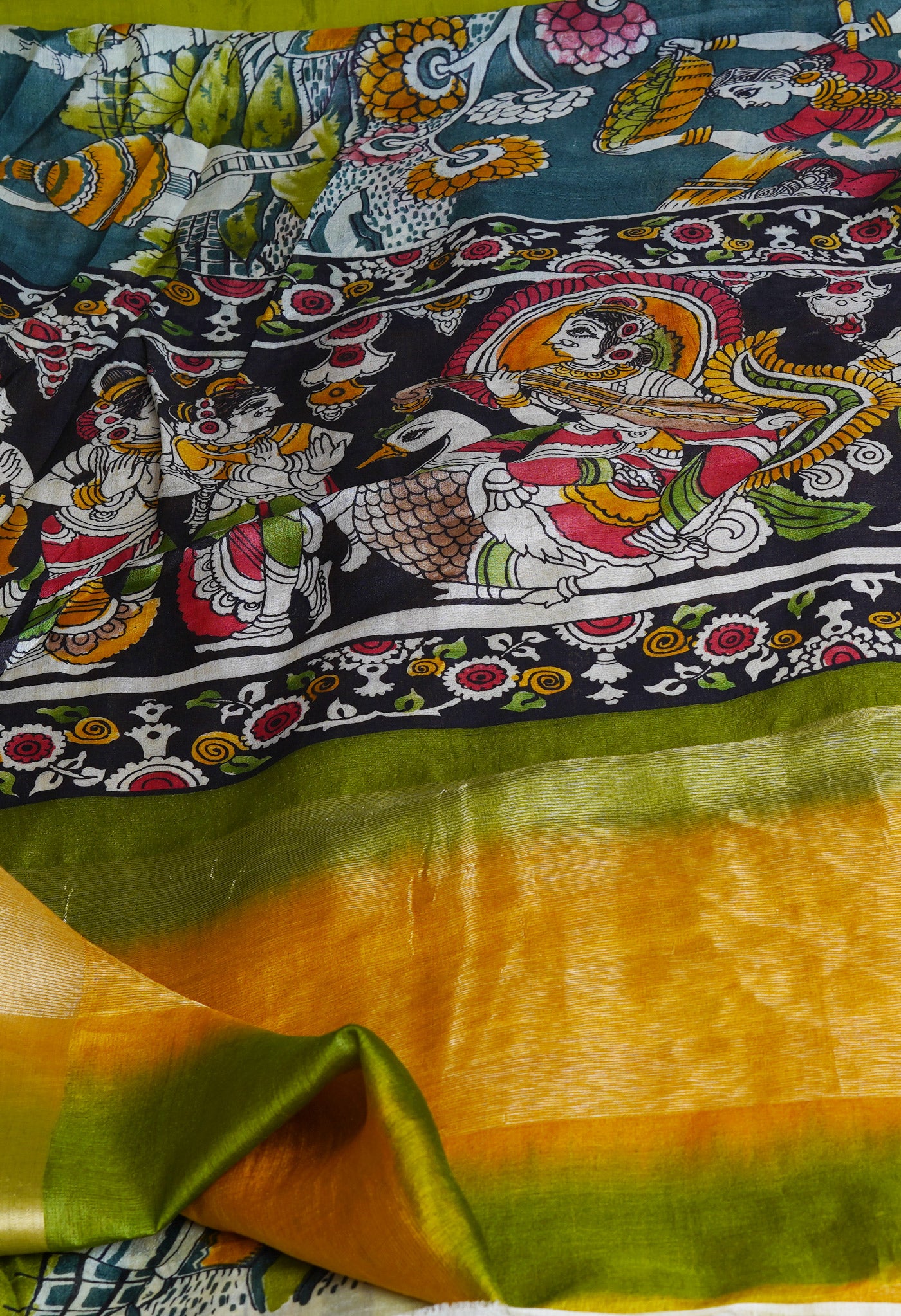 Grey-Black Pure Handloom Bengal Tussar Kalamkari Printed Silk Saree-UNM69518