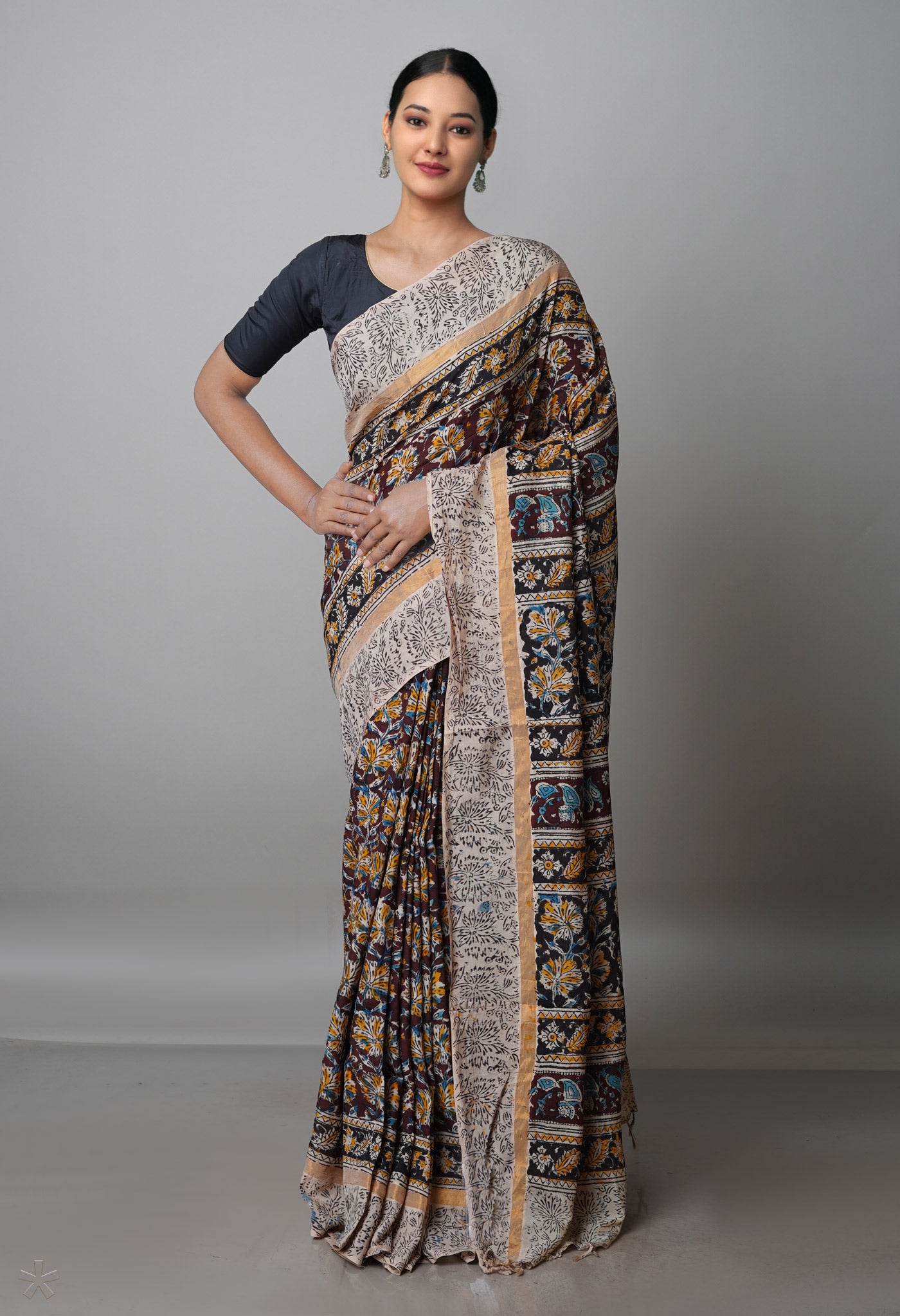 Multi Pure  Kalamkari Block Printed Silk Saree-UNM69532