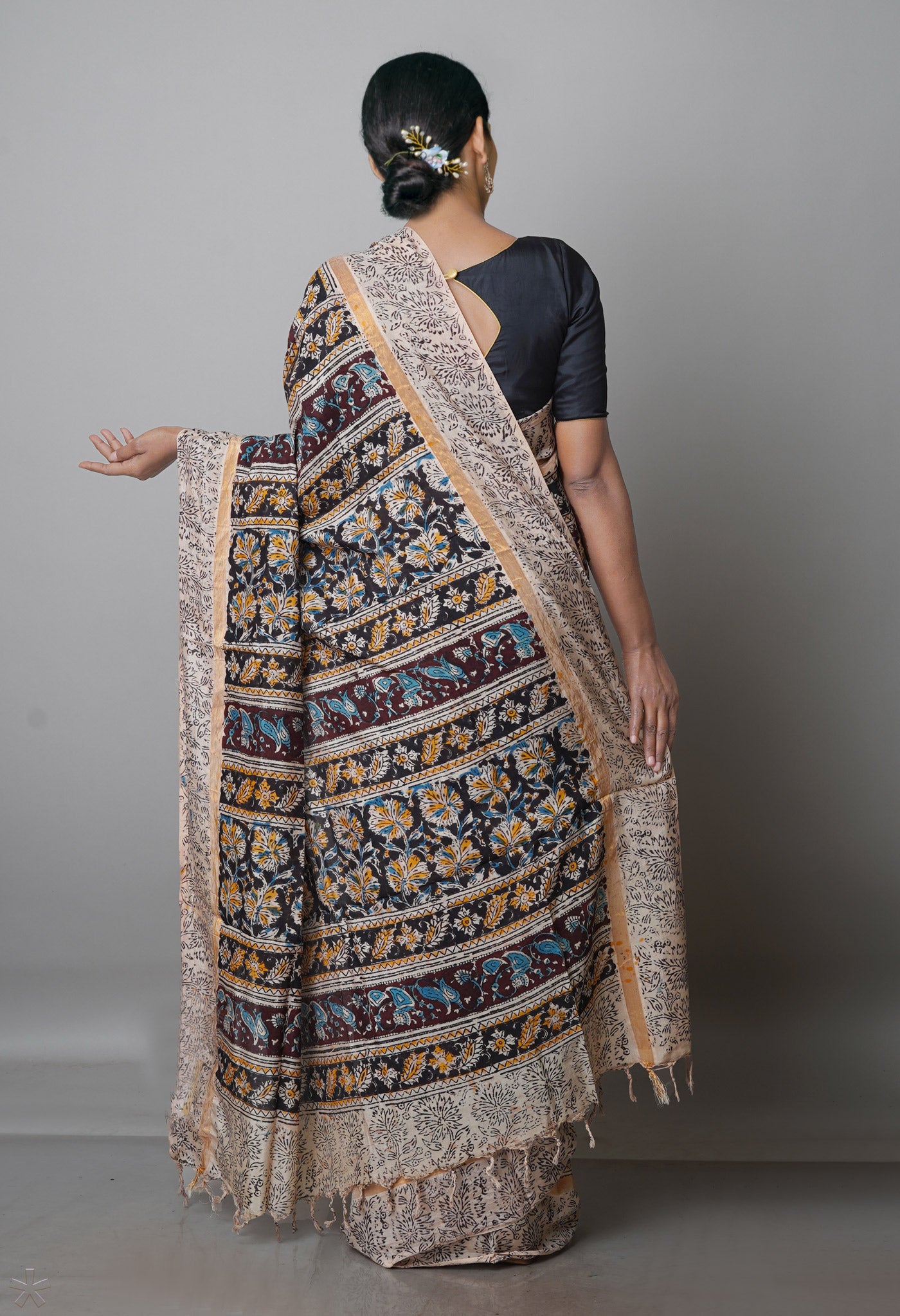 Multi Pure  Kalamkari Block Printed Silk Saree-UNM69532