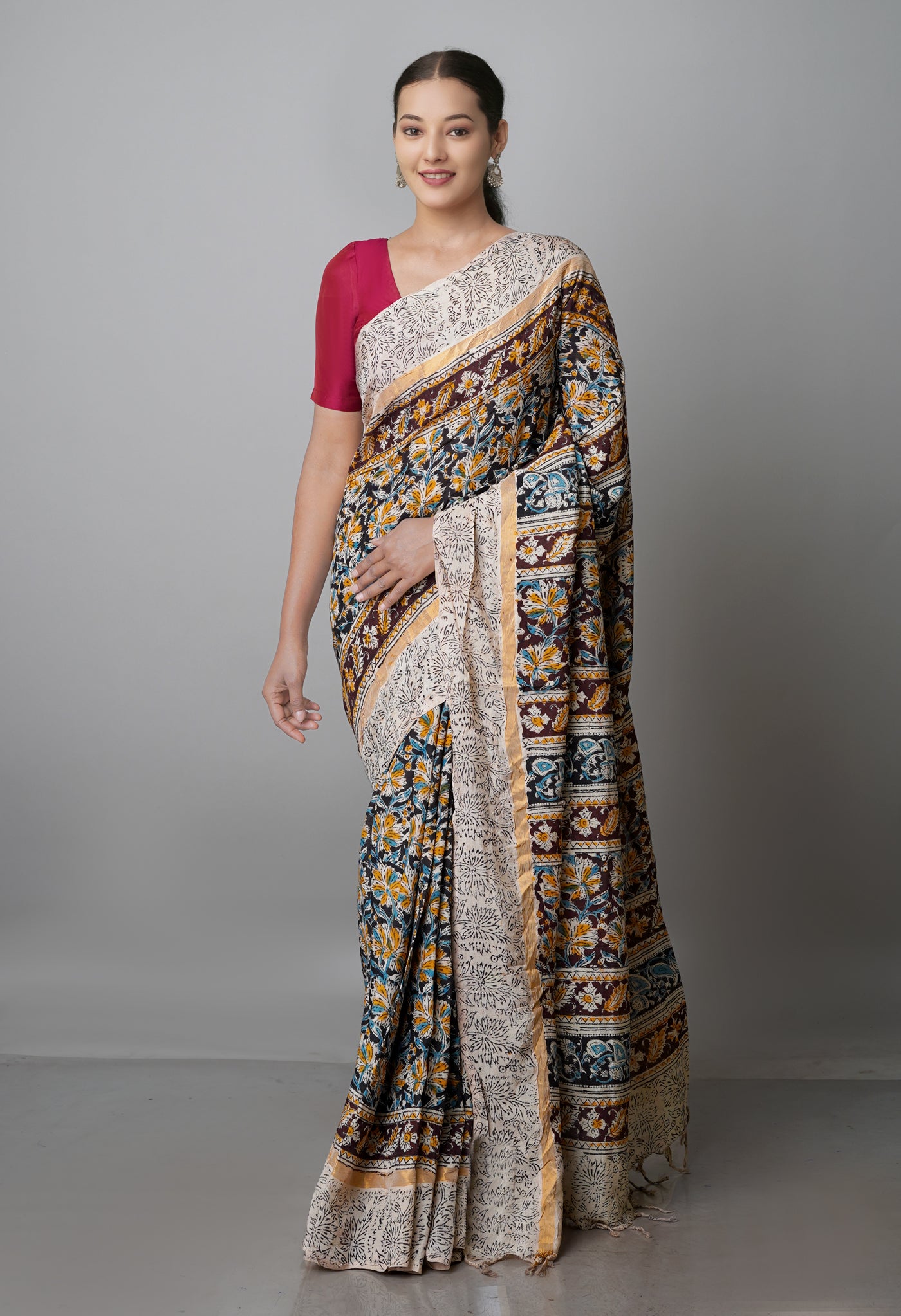 Multi Pure  Kalamkari Block Printed Silk Saree-UNM69533