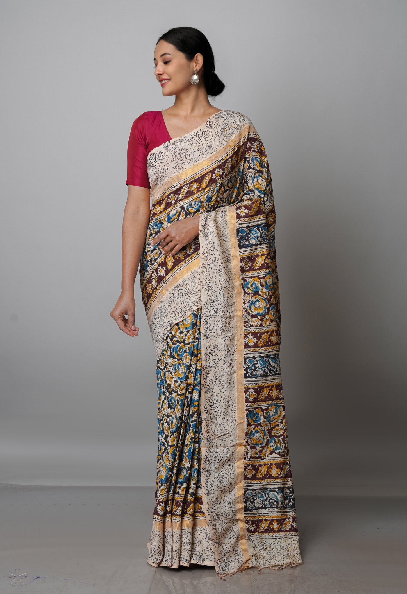 Multi Pure  Kalamkari Block Printed Silk Saree-UNM69538