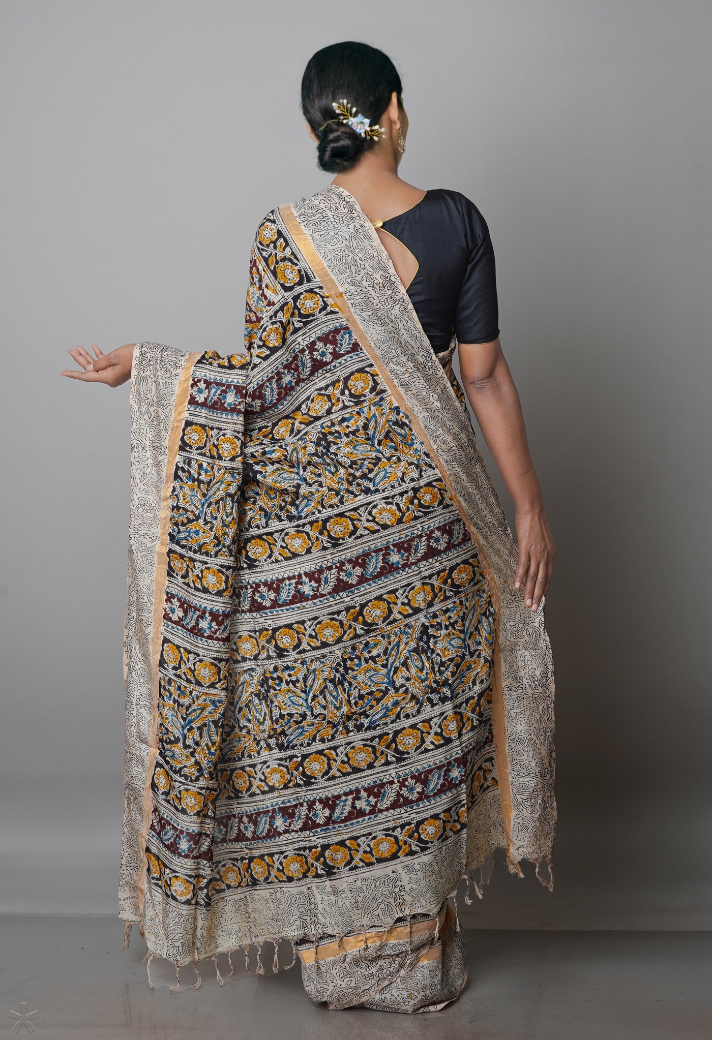 Multi Pure  Kalamkari Block Printed Silk Saree