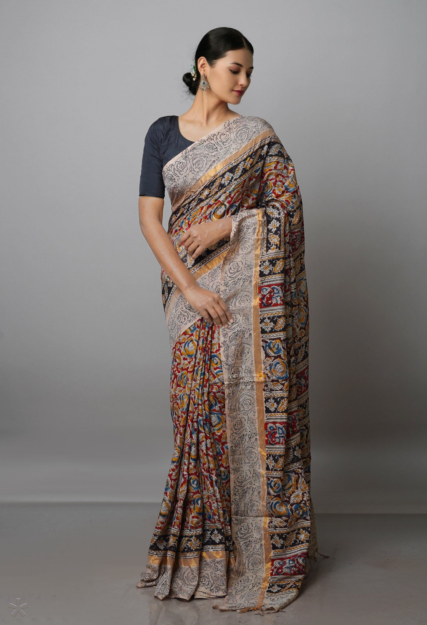 Multi Pure  Kalamkari Block Printed Silk Saree-UNM69541