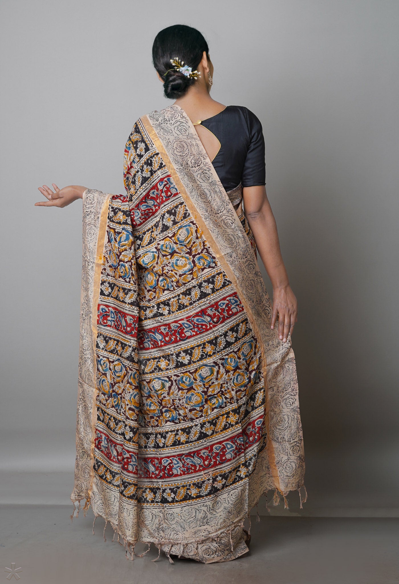 Multi Pure  Kalamkari Block Printed Silk Saree-UNM69541