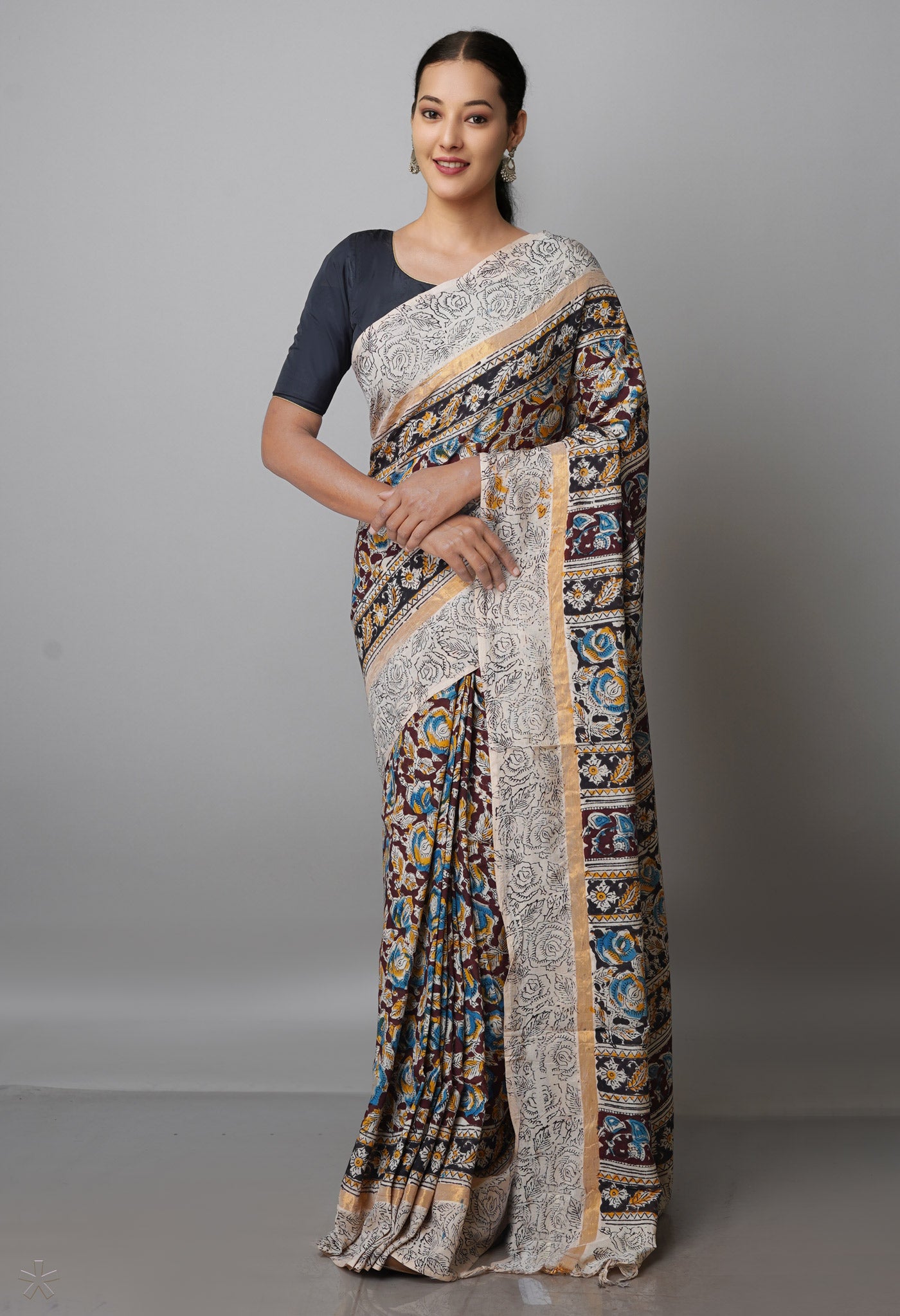 Multi Pure  Kalamkari Block Printed Silk Saree-UNM69543