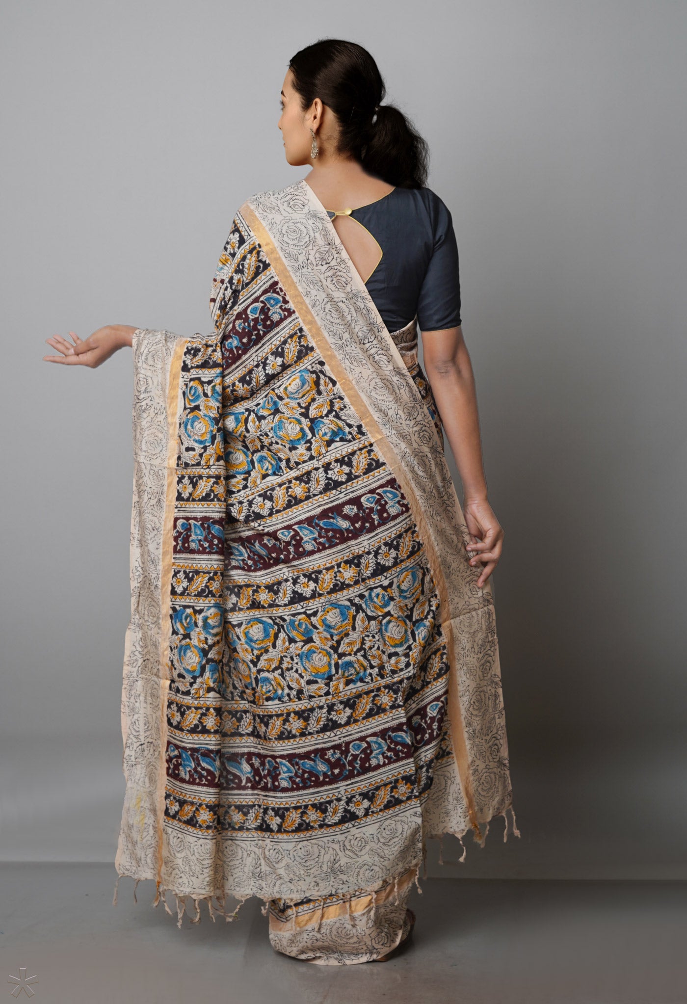 Multi Pure  Kalamkari Block Printed Silk Saree-UNM69543