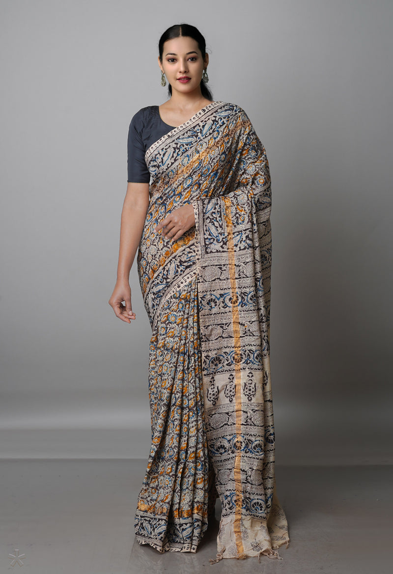 Multi Pure  Kalamkari Block Printed Silk Saree-UNM69544