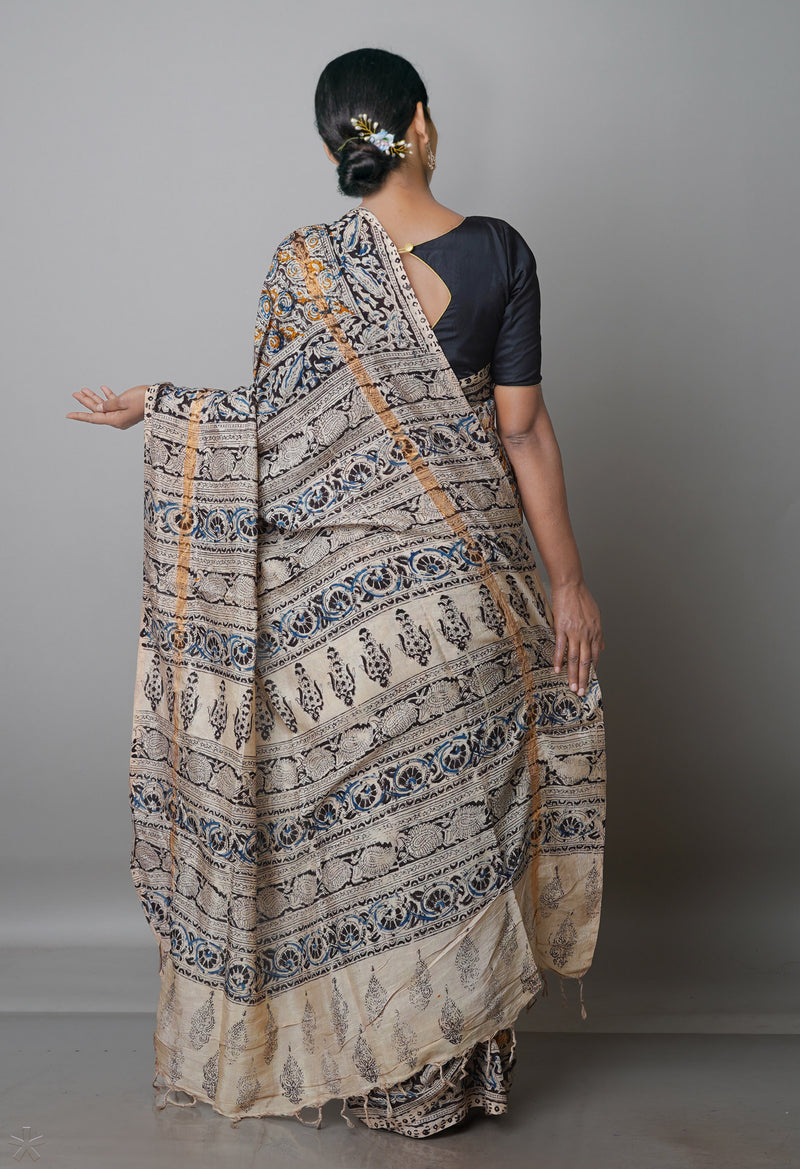 Multi Pure  Kalamkari Block Printed Silk Saree-UNM69544