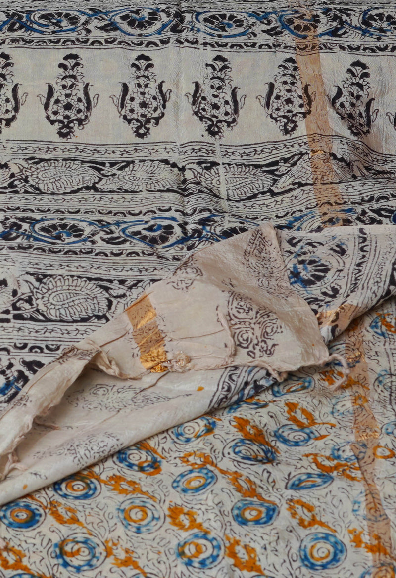 Multi Pure  Kalamkari Block Printed Silk Saree-UNM69544