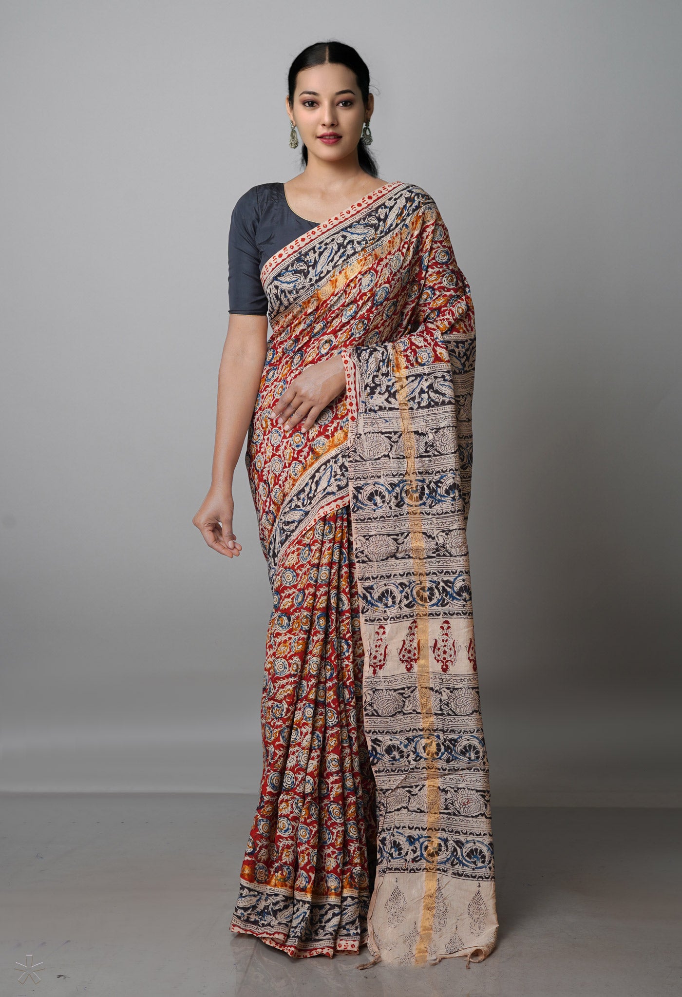 Multi Pure  Kalamkari Block Printed Silk Saree-UNM69546