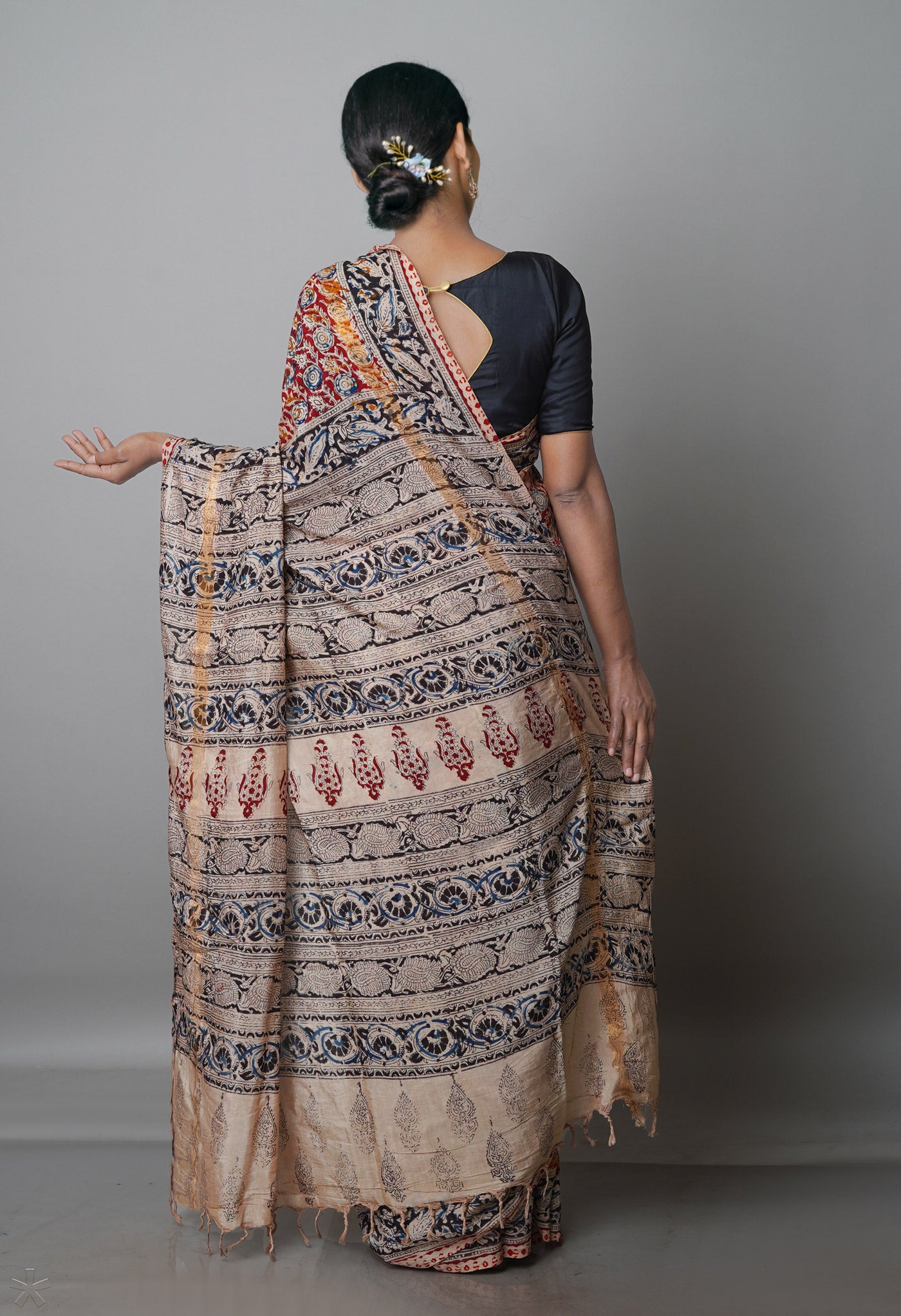 Multi Pure  Kalamkari Block Printed Silk Saree-UNM69546