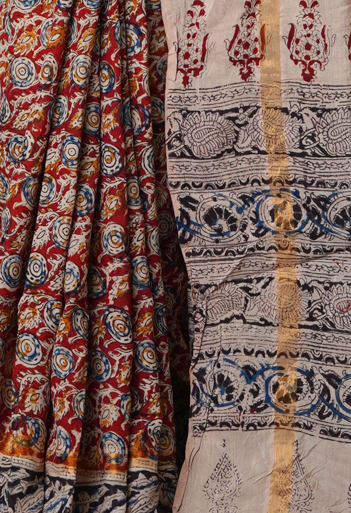 Multi Pure  Kalamkari Block Printed Silk Saree-UNM69546