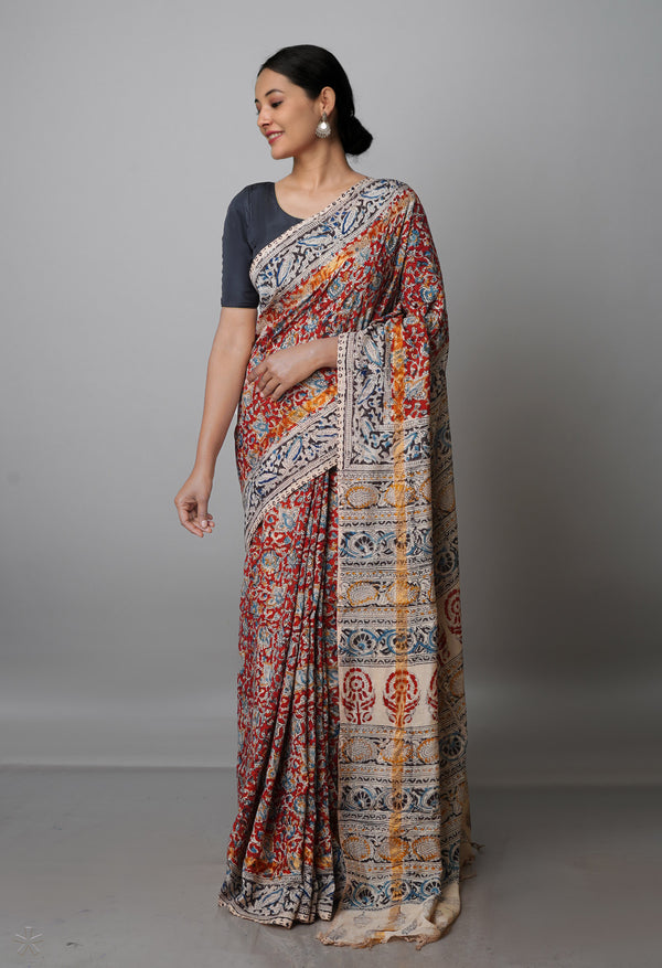 Multi Pure  Kalamkari Block Printed Silk Saree-UNM69549